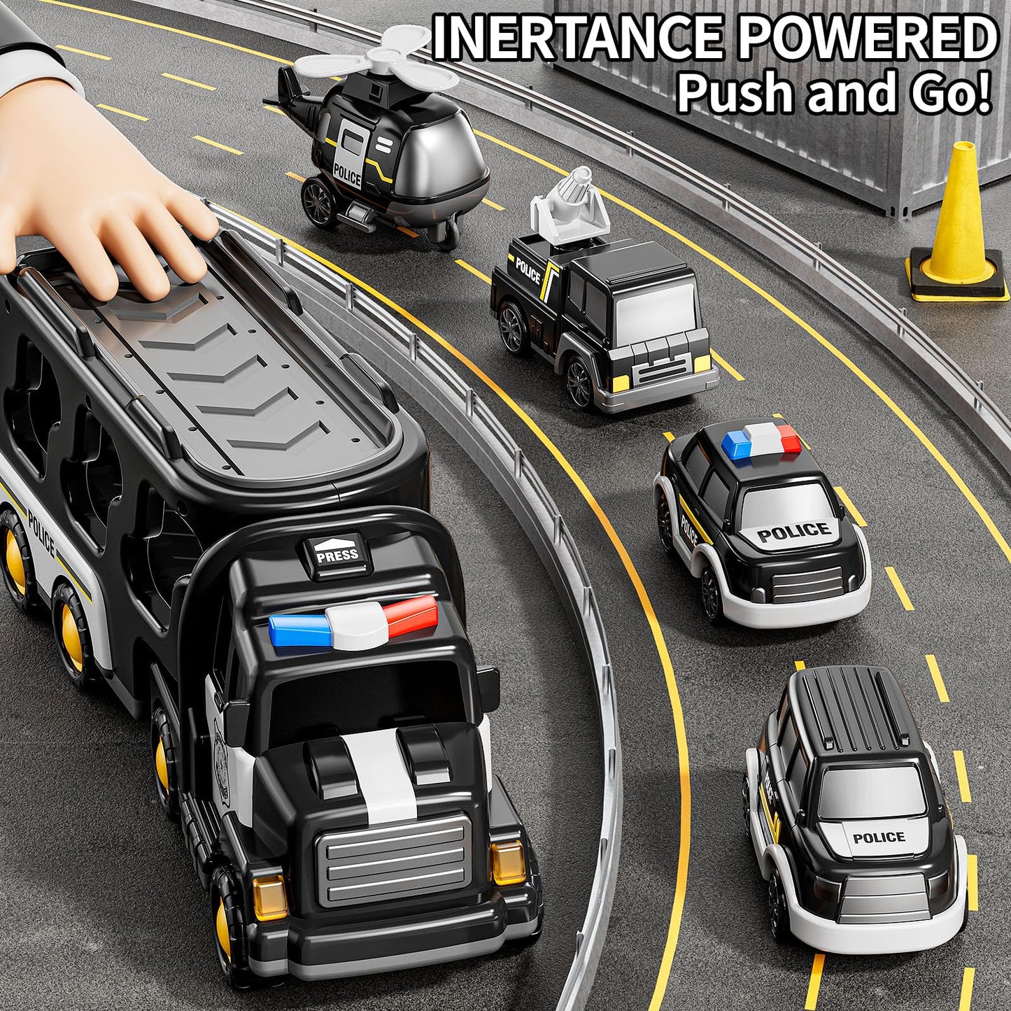 JUKUDAHU Police Truck Toy for 3 4 5 6 Years Old Boys - Carrier Vehicle Toy Set with 3 Small Cars and 1 Helicopter, Kids Firction