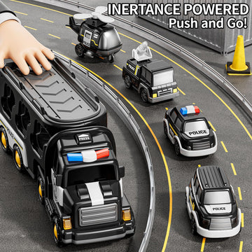 JUKUDAHU Police Truck Toy for 3 4 5 6 Years Old Boys - Carrier Vehicle Toy Set with 3 Small Cars and 1 Helicopter, Kids Firction