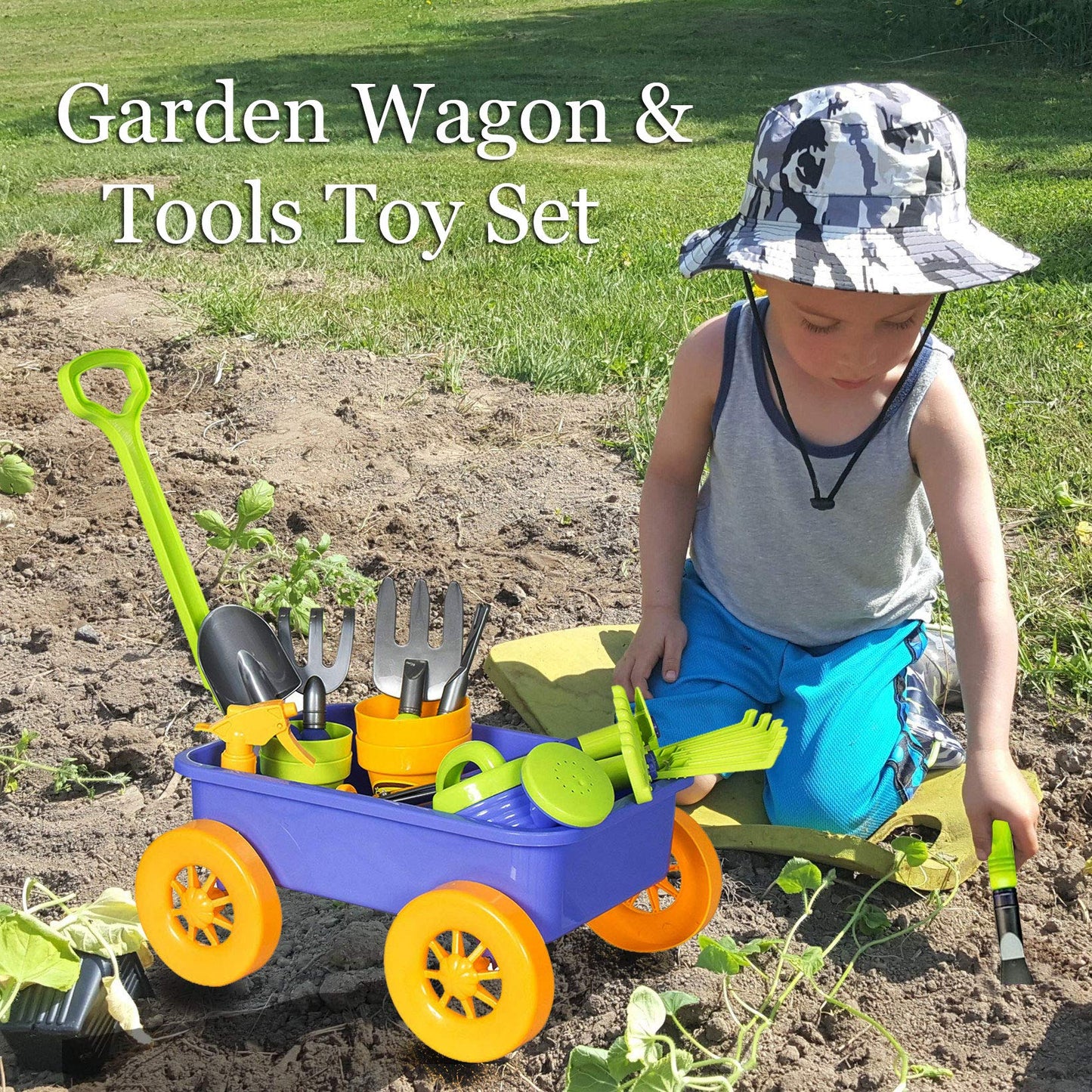 Dimple Kids Gardening Set Tools Wagon Toy - enhanced 15 Piece Gardening Tools & Toddler Wagon Toy Set - Sturdy & Durable - Top Yard  Beach  Sand  Garden Toy - Outside Toys for Toddlers