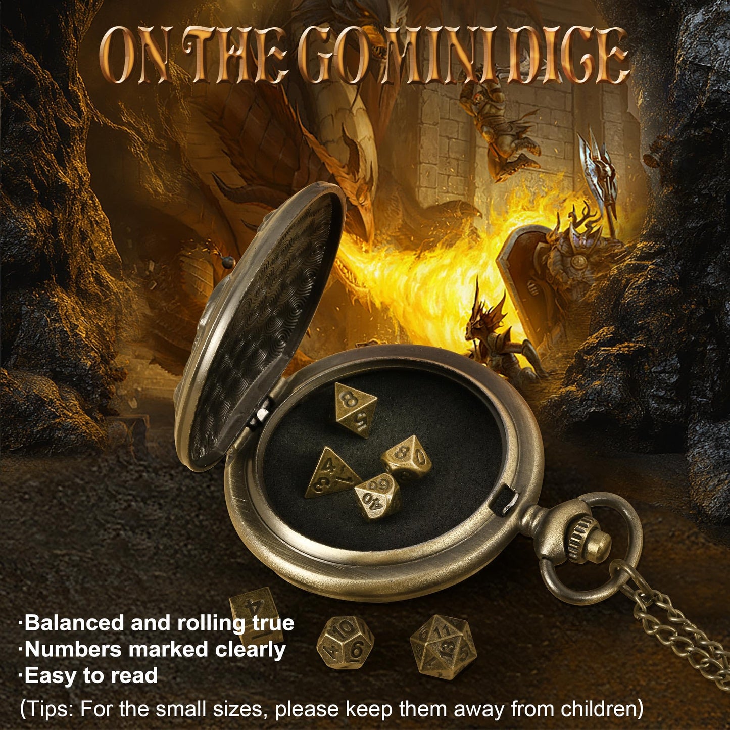 Kabinka DND Dice Set, 7pcs Mini Metal Dice with Pocket Watch Shell, Portable D&D Dice with Necklace, Dungeons and Dragons Dice f