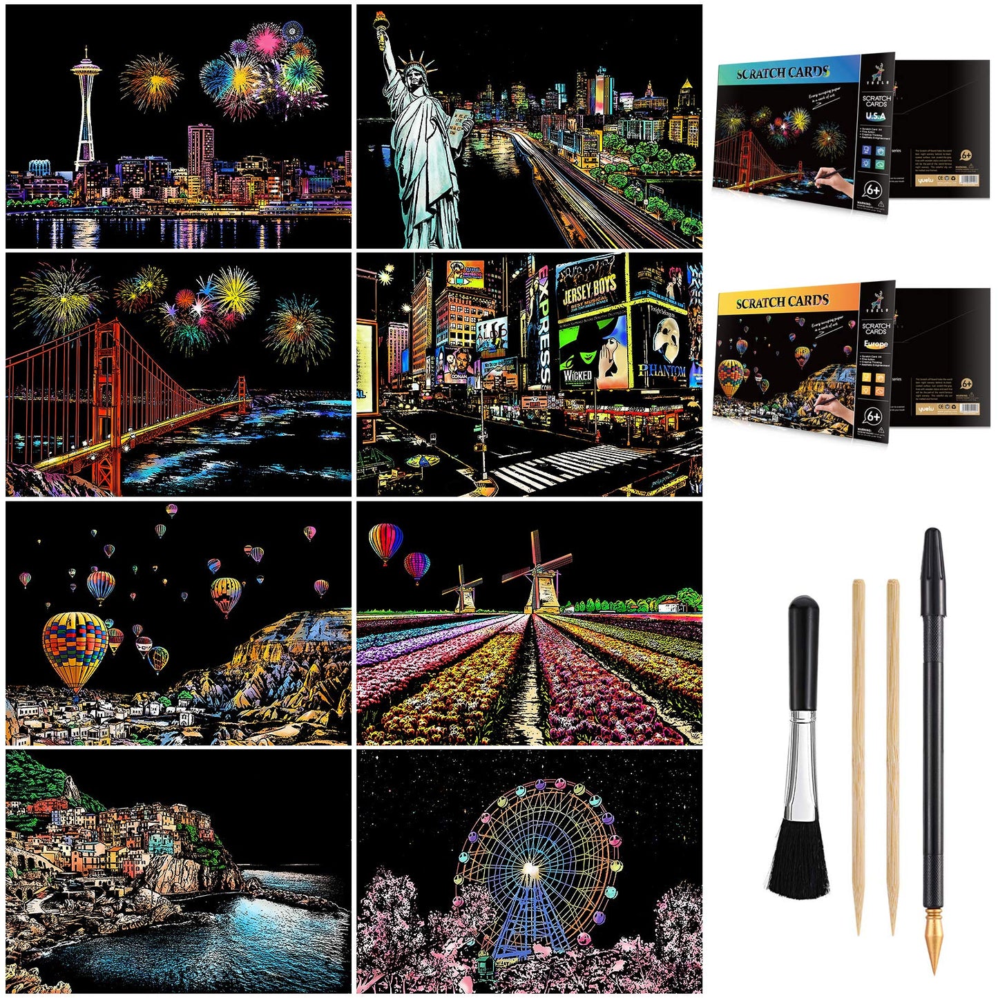 Scratch Art for Teens & Adults, Rainbow Engraving Painting Landscape Scratchboard(A4) Crafts Set: 8 Sheets with 4 tools - New Yo