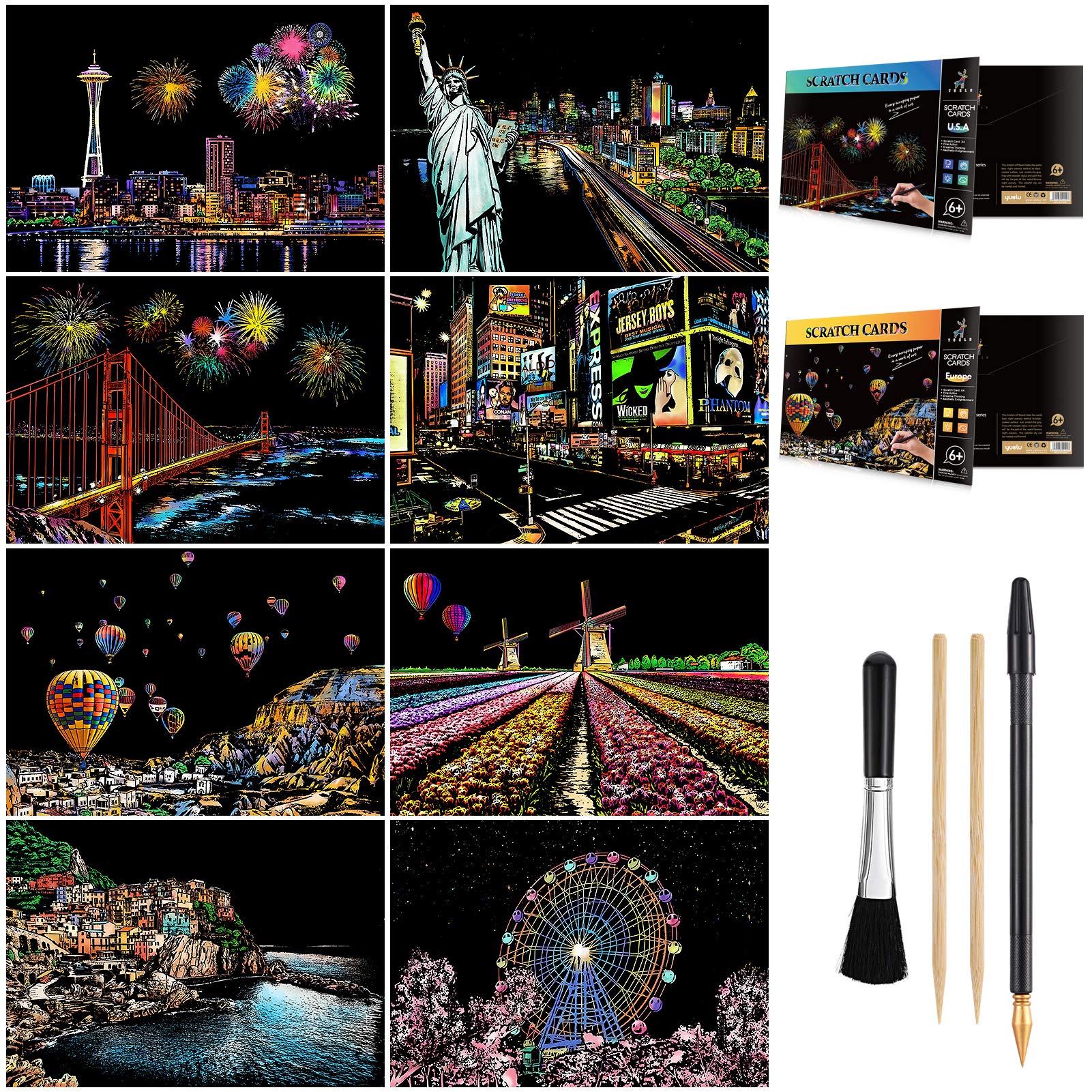 Scratch Art for Teens & Adults, Rainbow Engraving Painting Landscape Scratchboard(A4) Crafts Set: 8 Sheets with 4 tools - New Yo