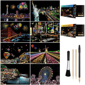 Scratch Art for Teens & Adults, Rainbow Engraving Painting Landscape Scratchboard(A4) Crafts Set: 8 Sheets with 4 tools - New Yo