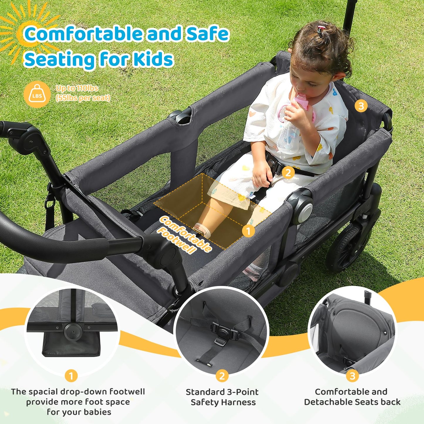 ELEMARA Stroller Wagon, 2 Seat Stroller for 2 Kids, Premium All Terrain Stroller for Kids w/Removable Canopy, Adjustable Push/Pu