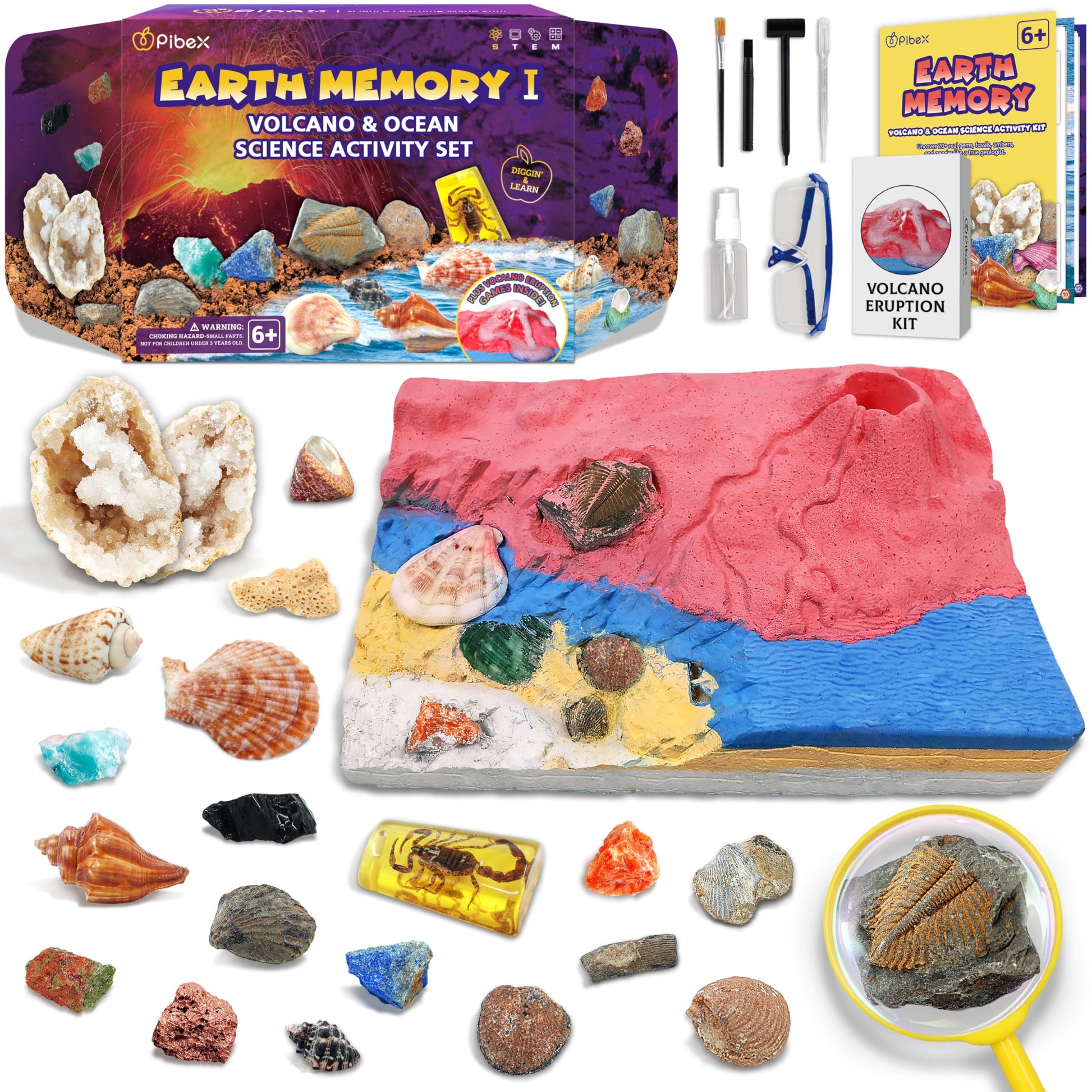 Pibex Volcano & Ocean Fossil Dig Kit, Dig Up 20+ Real Fossils, Rocks, Shells & Sea Snails With Eruption Experiments, Earth Scien