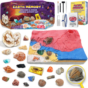 Pibex Volcano & Ocean Fossil Dig Kit, Dig Up 20+ Real Fossils, Rocks, Shells & Sea Snails With Eruption Experiments, Earth Scien