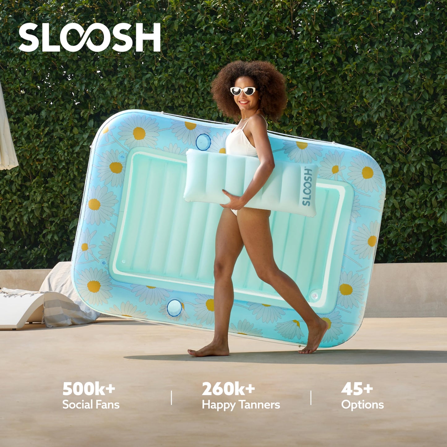 SLOOSH Inflatable Tanning Pool Lounger Float  70 x 46 Pool Floats mature-themed with Pillow  4 in 1 Suntan Tub Raft Floatie Sunbathing Bed Lounge for Water Blow Up Ball Pit Party Gifts  Blue Daisy