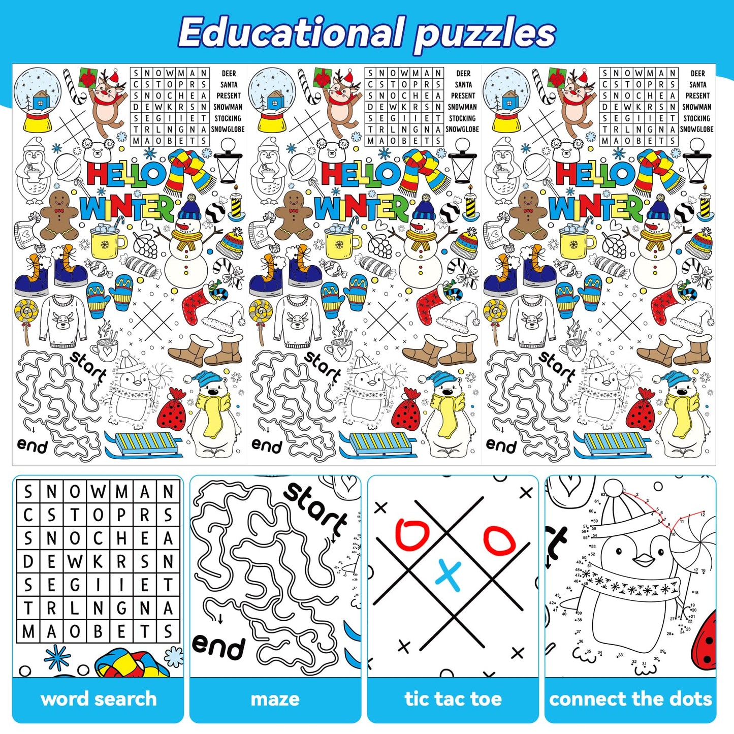 Giant Winter Coloring Tablecloth for Kids Snowman World Posters Activity Large Penguin Bear Color-in Paper Poster Table Cover fo