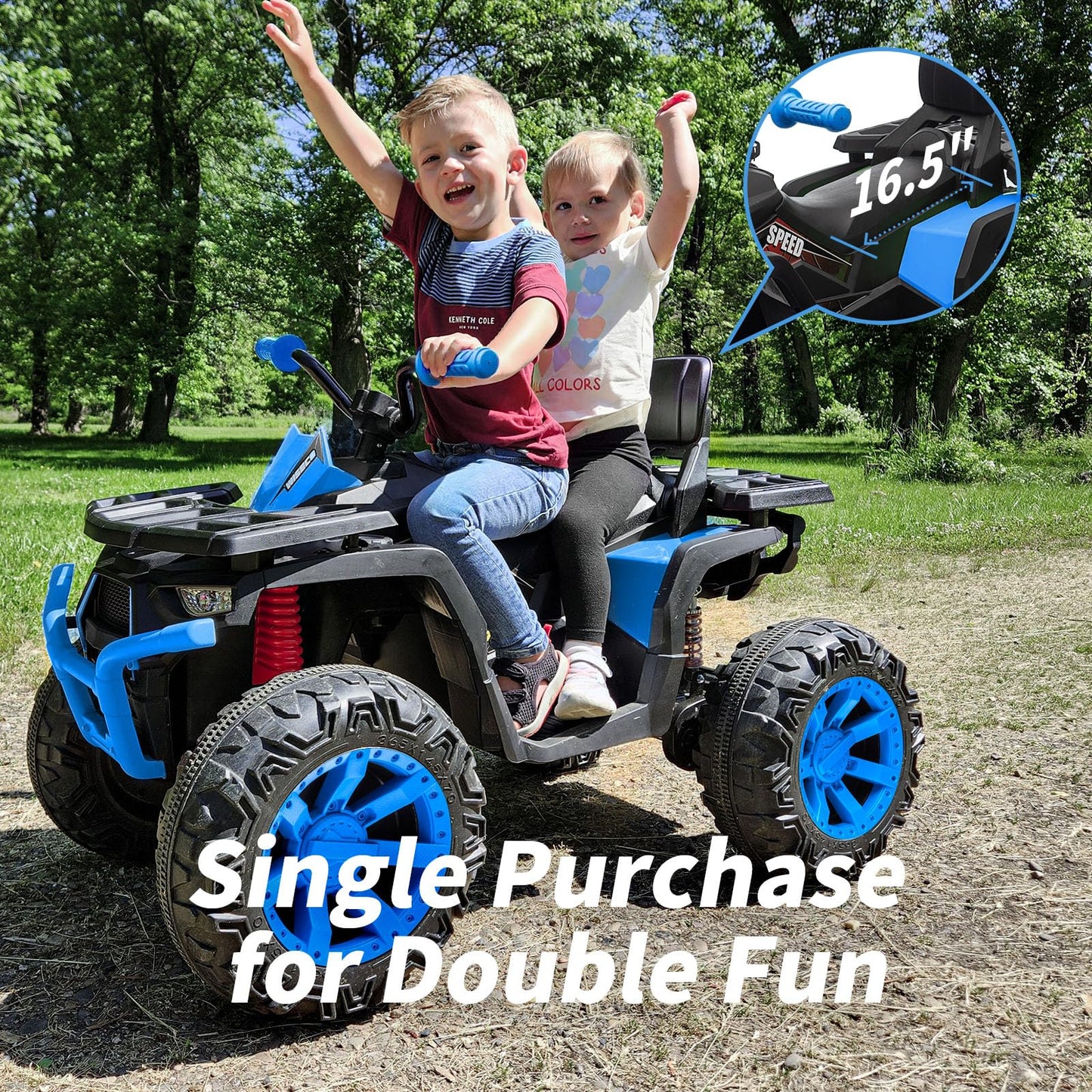 Hikiddo 12V Kids 4 Wheeler Atv, 2-Seater Electric Atv Four Wheeler For Big Kids With Bluetooth, 14.4'' Big Wheels - Blue