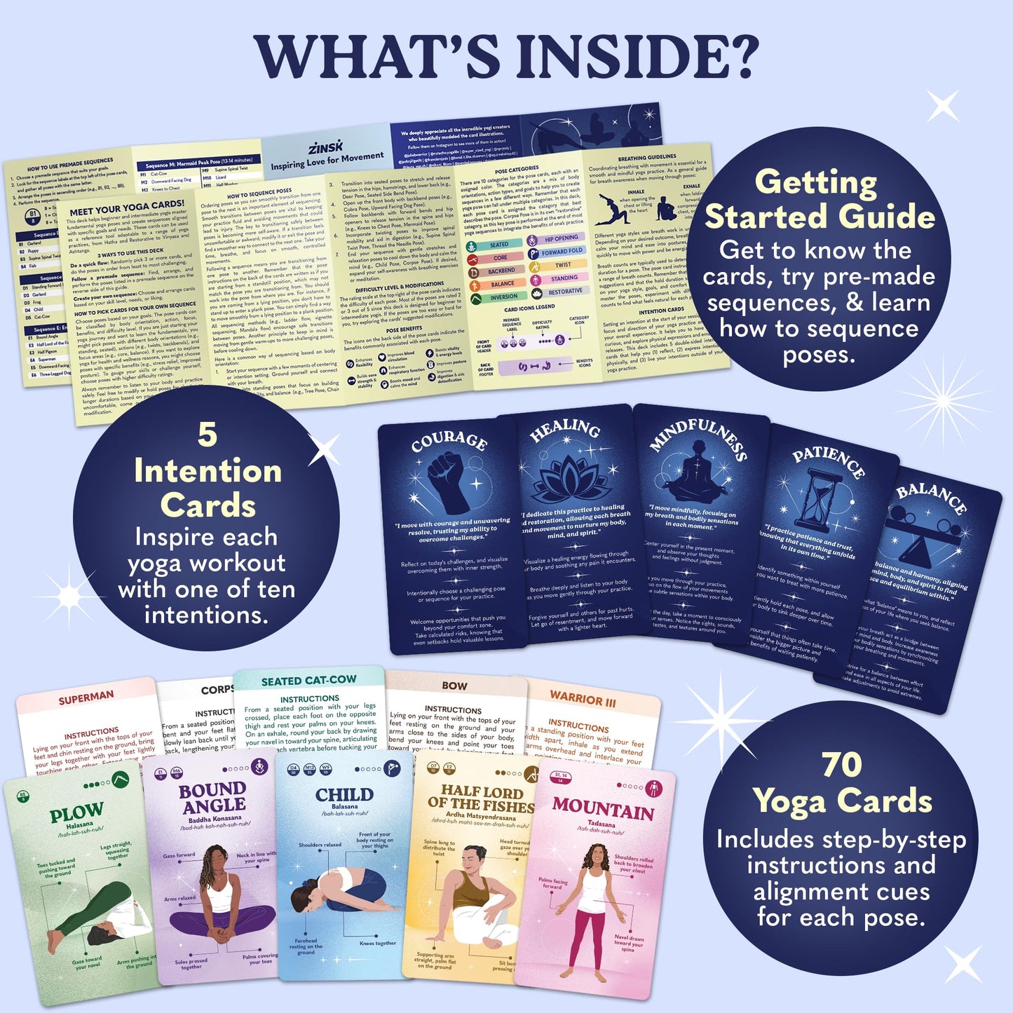 Zinsk enhanced Yoga Deck - 70 Beautifully Illustrated 3x5  Yoga Cards with Instructions  Alignment Cues  & Modifications - Flash Cards for Learning Beginner & Intermediate Yoga Poses & Yoga Sequencing