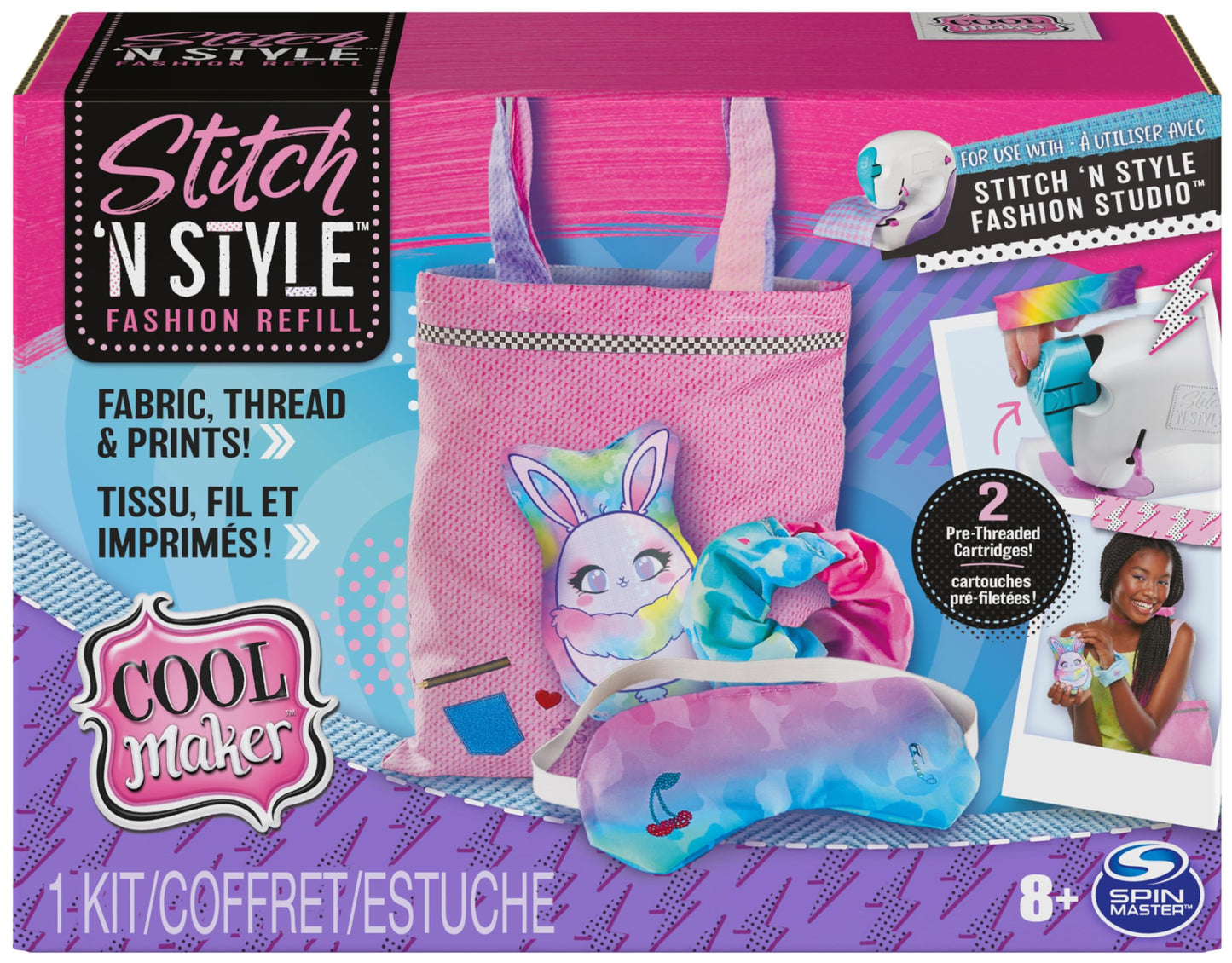 Cool Maker, Stitch ‘N Style Fashion Studio Refill With 2 Pre-Threaded Cartridges, Fabric And Water Transfer Prints, Arts & Crafts Kids Toys For Girls