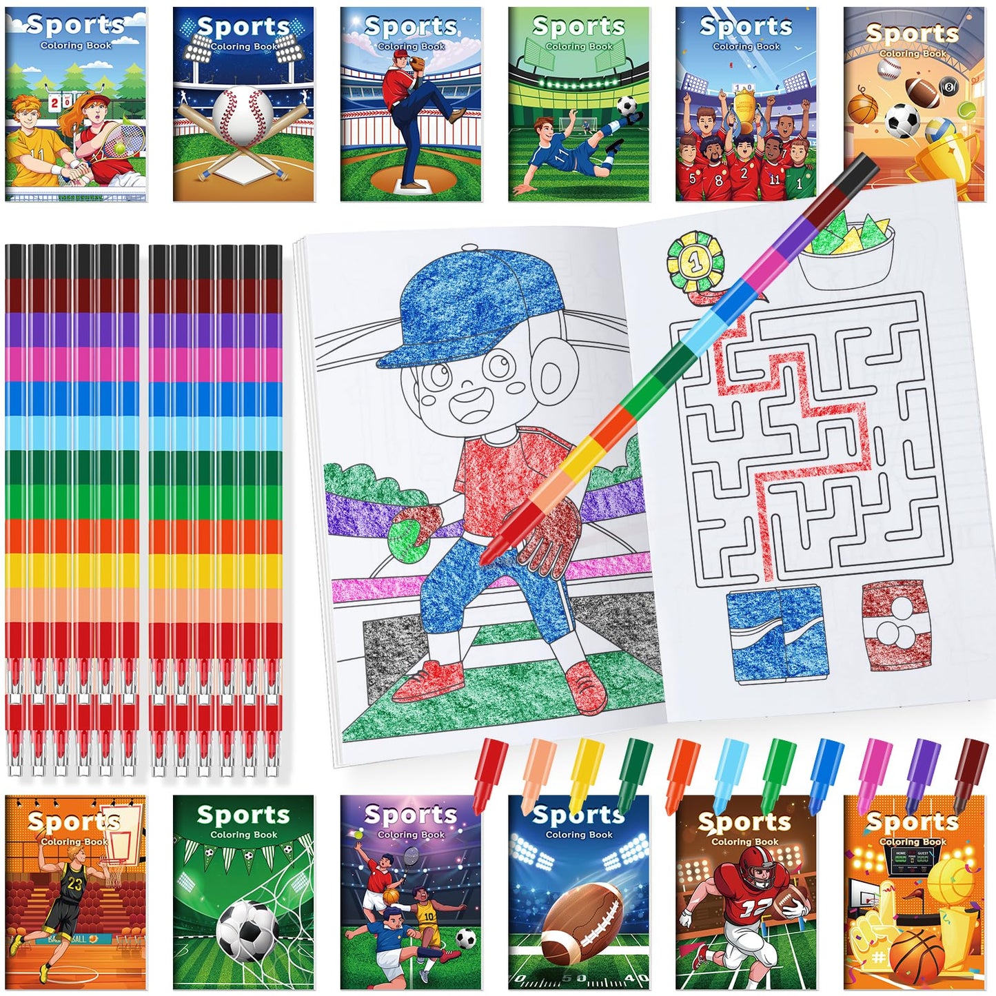 Ben Louis 24 Pcs Sports Mini Coloring Books With 24 Crayons Football Basketball Soccer Baseball Party Favors Activity Books Bulk