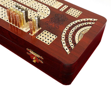 14' 4 Track Continuous Cribbage Board W/ Card Storage Maple Tracks On Bloodwood - Corner, Skunk & Games Won