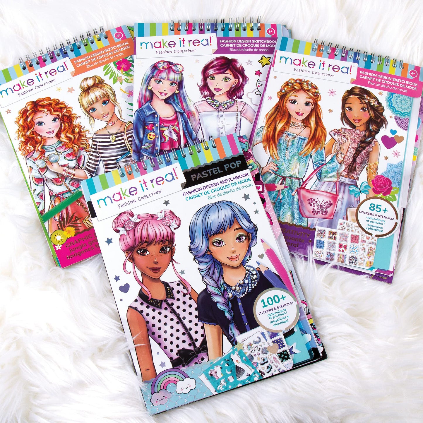 Make It Real Fashion Design Sketchbook for Girls - Pastel Pop Kit with 105 Stickers, Stencils, Design Guide - Pastel & Rainbow-T