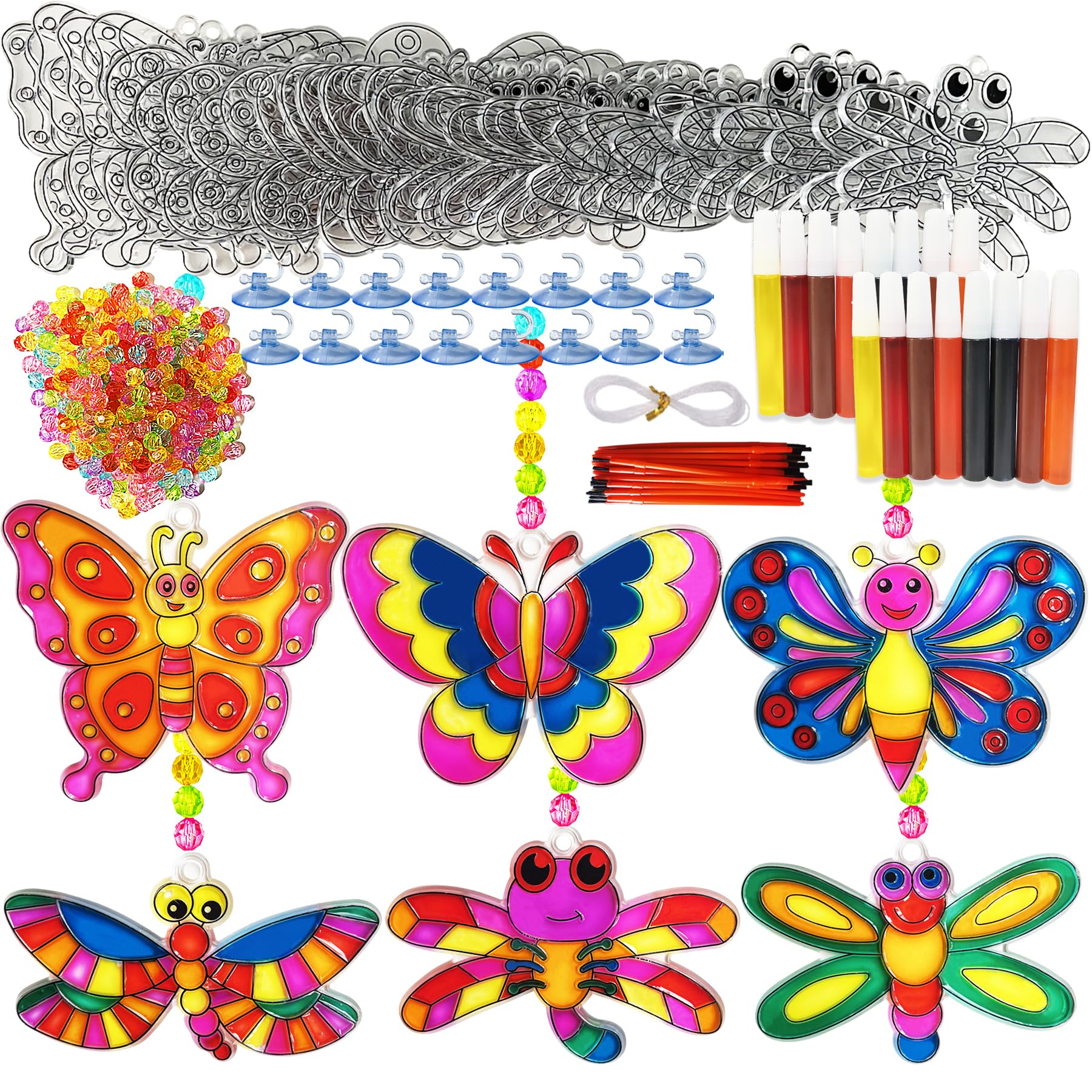 Ayhuhra 30 Sets Butterfly Suncatchers Crafts Kit Dragonfly Suncatcher DIY Window Paint Art Suncatcher Kits for Classroom Spring 
