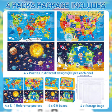 4 Packs 100Pcs World USA Map Puzzles for Kids Ages 4-6 Solar System Earth Exploration Jigsaw Puzzles Xmas Party Supplies World M