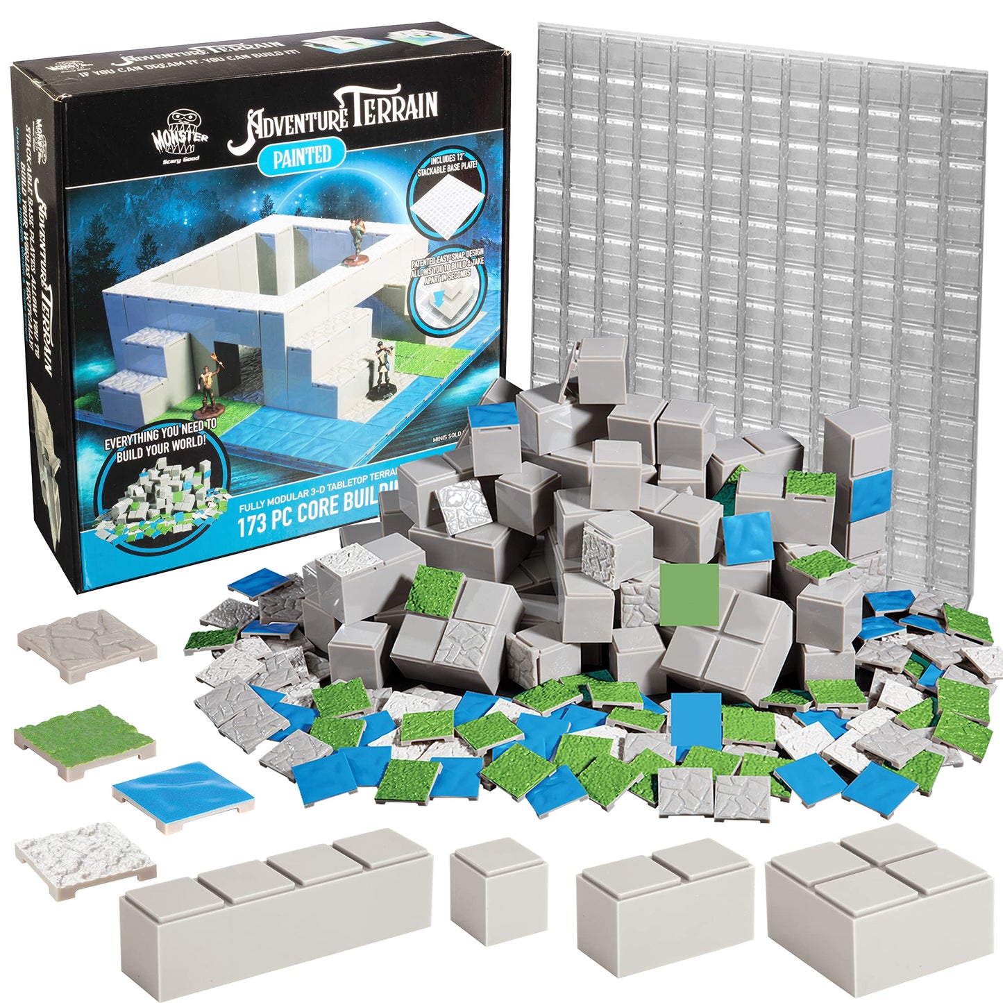 Monster Adventure Terrain - 173Pc Painted Core Building Set W Baseplate - Fully Modular And Stackable 3-D Tabletop World Builder, Compatible With Dnd Dungeons Dragons, Pathfinder, Rpg