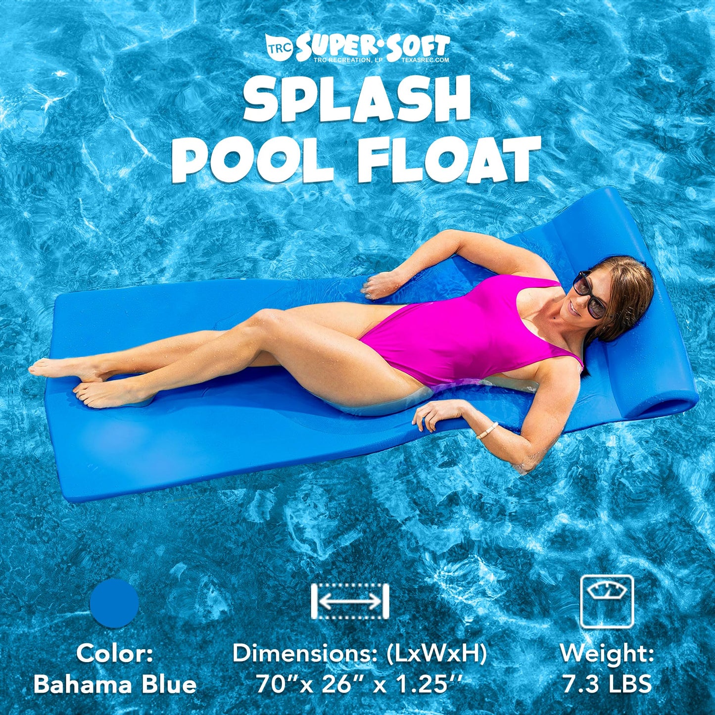 TRC Recreation Splash 1.25 Inch Thick Foam Swimming Pool Float Mat Large mature-themed Lounger with Built-In Roll Pillow  Bahama Blue