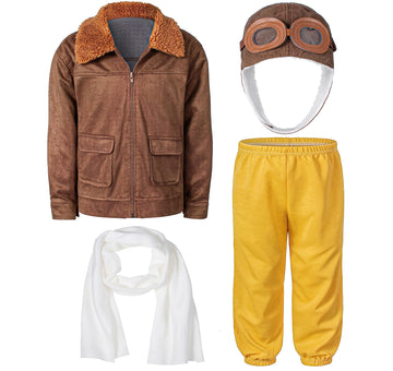 Pilot Aviator Costume Kids Coat Pants Hat Scarf Girl Boy Party Cosplay 5-6T Brown
