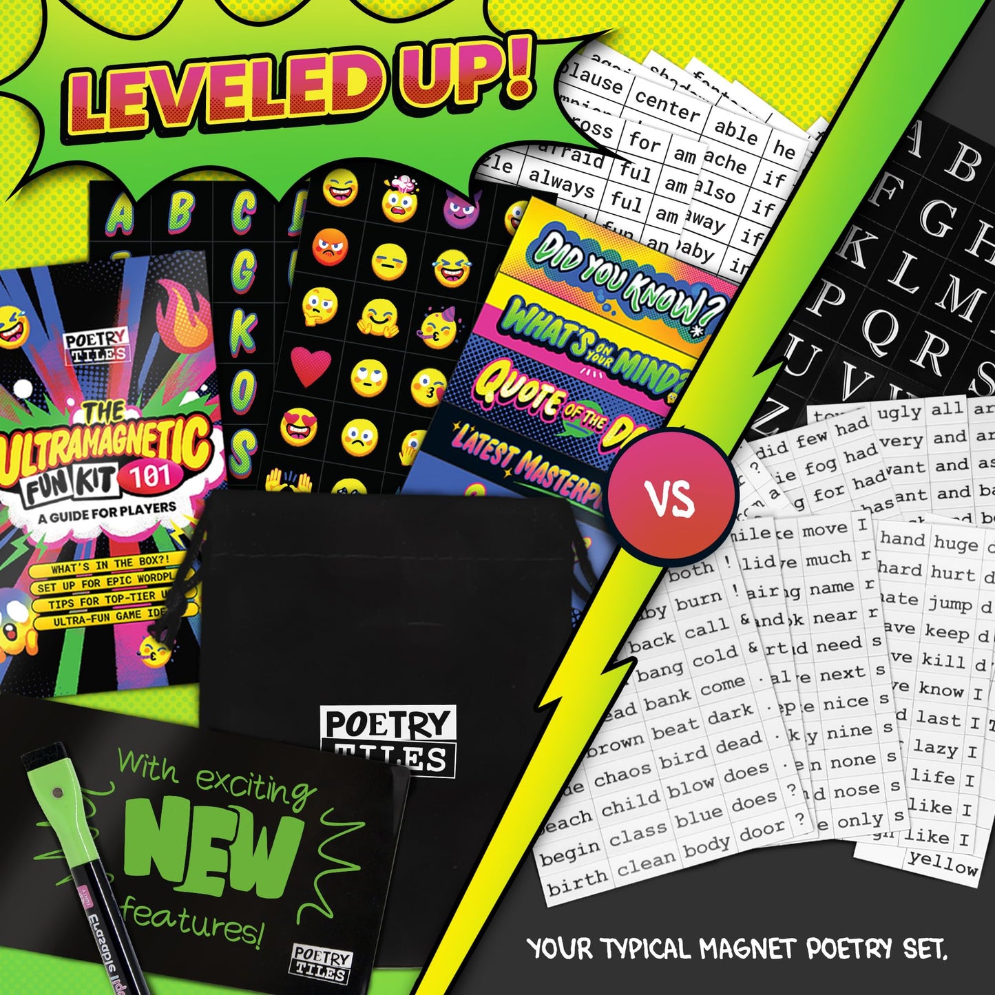 Ultramagnetic Fun Kit - The New Way to Make Fridge Poetry - 700+ Words  Emojis  Header Tiles  Black Board and Liquid Chalk Pen - Supercharged Game and Activity Pamphlet - .375 Tall Tiles