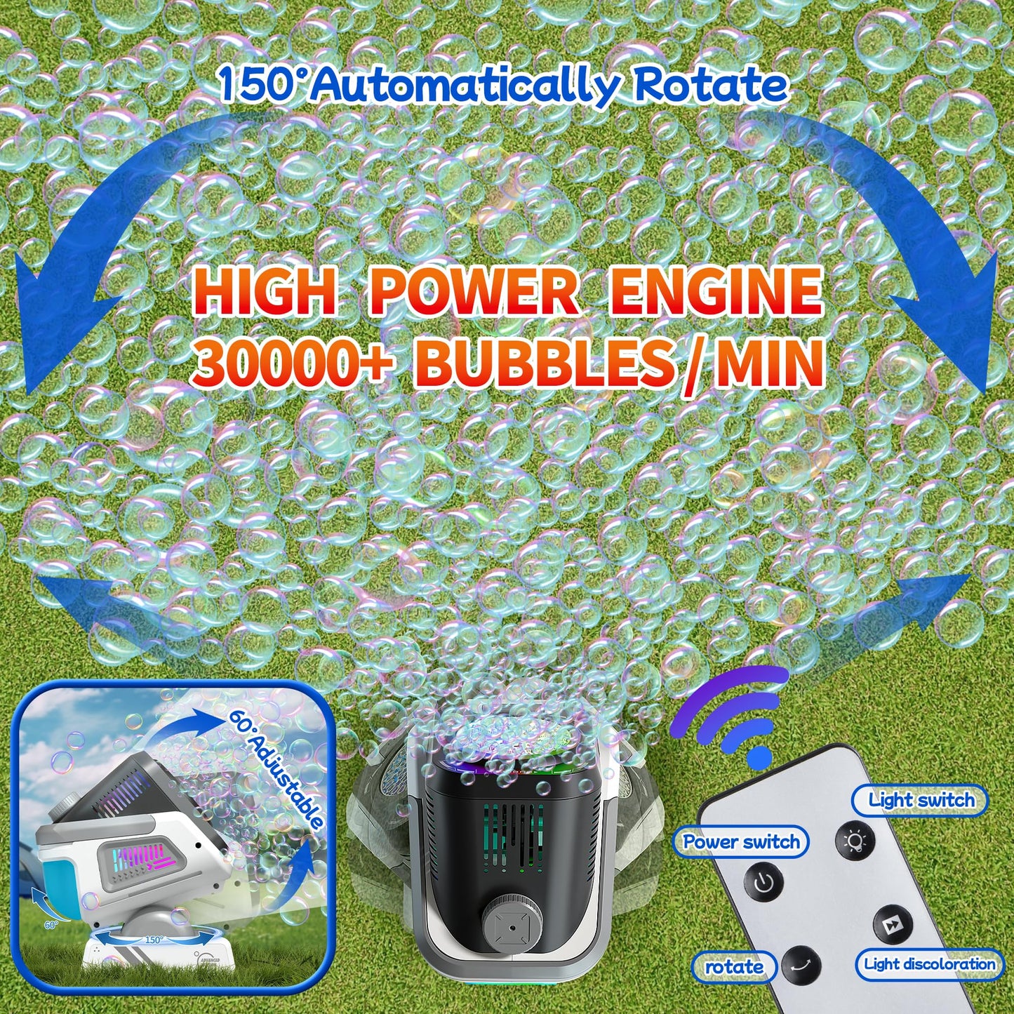 Kiskey Bubble Machine - 20000+ Bubbles/Minute, Rechargeable, Remote Control, 7 Color RGB Lights, Medium, White