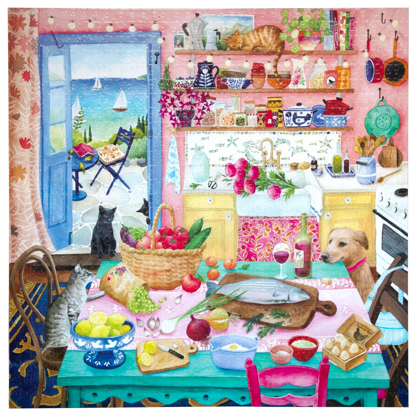eeBoo Piece & Love Pink Kitchen 1000 Piece Puzzle - Adult Square Jigsaw, 23x23, Glossy Pieces with Image Reference Insert