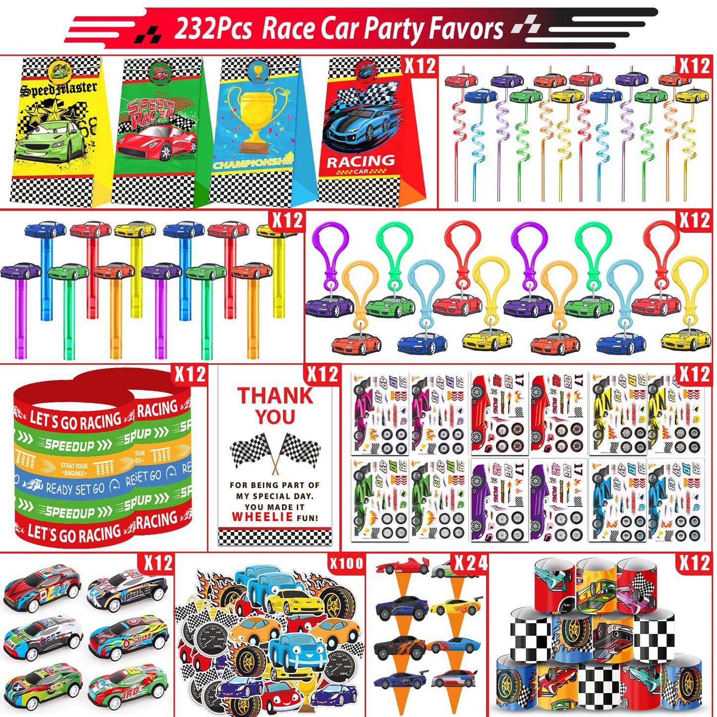 PLOUGVI 232PCS Race Car Birthday Party Favors Decorations Supplies Goodie Bag Stuffer Pinata Filler, Cars Themed Favors for Whee