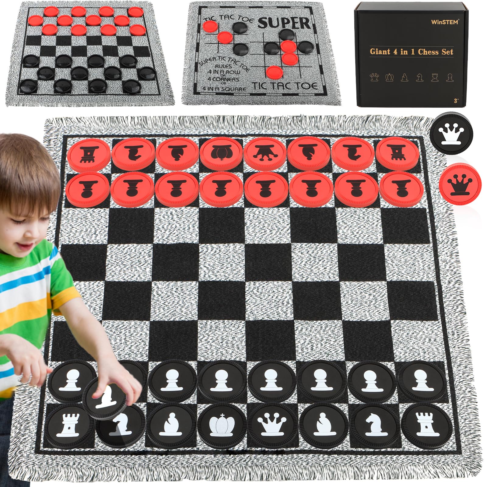 Giant 4 in 1 Chess Set Jumbo Chess & Giant Checkers & Large Tic Tac Toe  Giant Chess Board Game for Kids mature-themeds Including 2 Extra Queen Large Checkers Rug Game Mat  Indoor Outdoor Games Camping Party