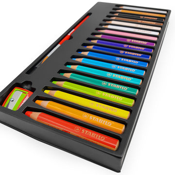STABILO - Woody 3 in 1 Multi-Media Watercolour Pencils - Jumbo Easy-Grip - Pack of 18 with Sharpener and Brush
