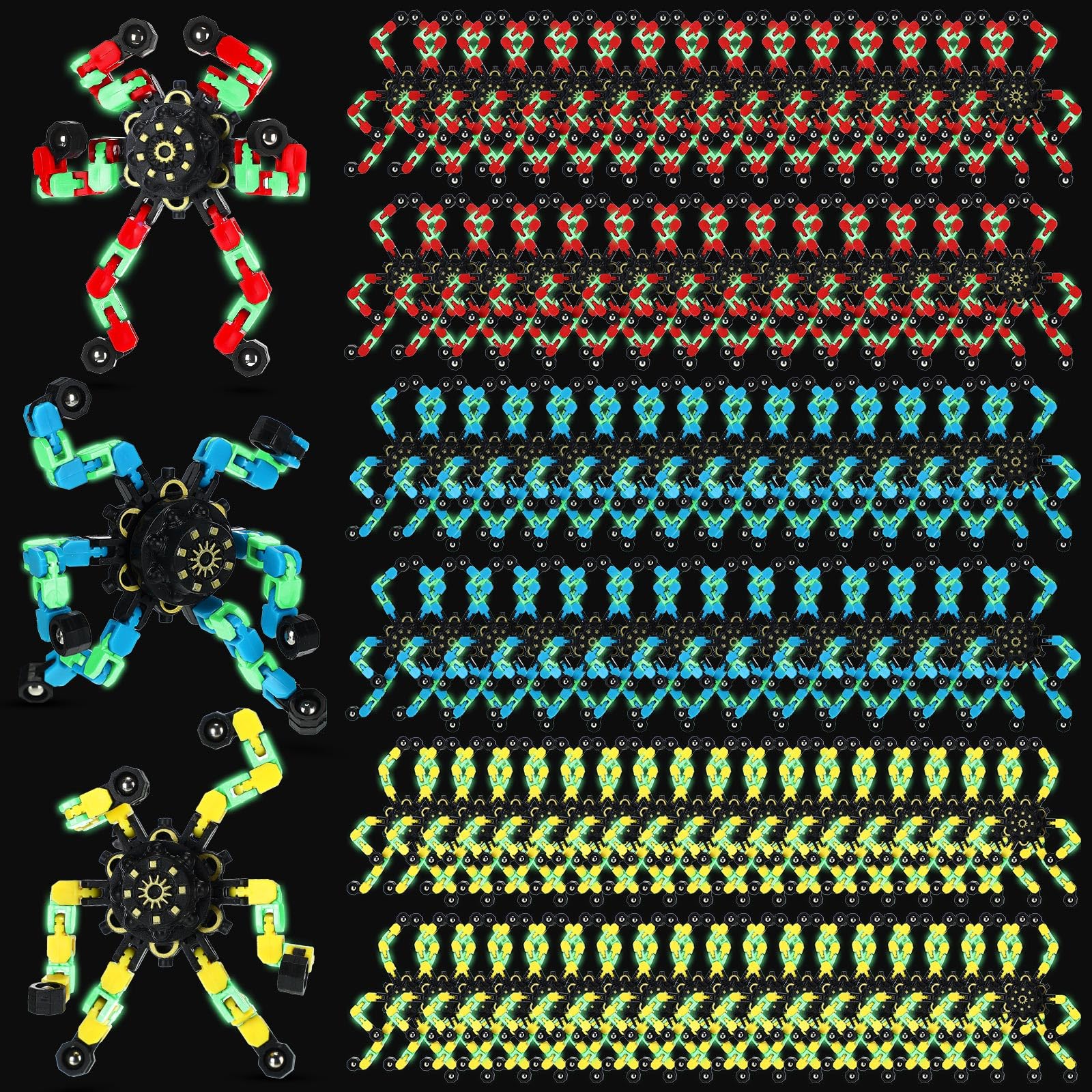 100 Pcs Funny Sensory Fidget Toy Bulk Transformable Chain Robot Finger Toys Fidget Spinners Stress Relief Fingertip Gyro Deformable Mechanical Spiral Twister Spinner Toy for mature-themed Kids ADHD (Glow)