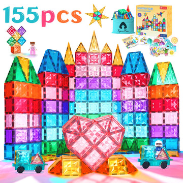Magnetic Tiles Set, Magnet Tiles Building Blocks With Car Toy Figurines And Stickers, Construction Educational Stem Sensory Toys