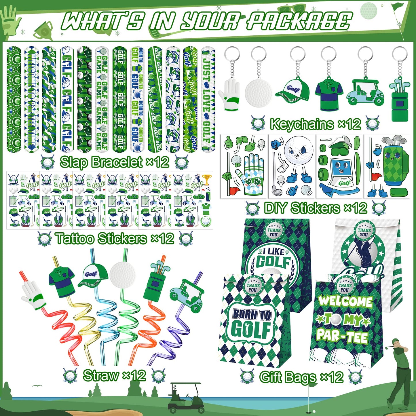Erweicet Golf Party Favor 72 PCS Golf Theme Slap Bracelet DIY Stickers Temopory Tattoos Keychains Plastic Straws Gift Bags for G