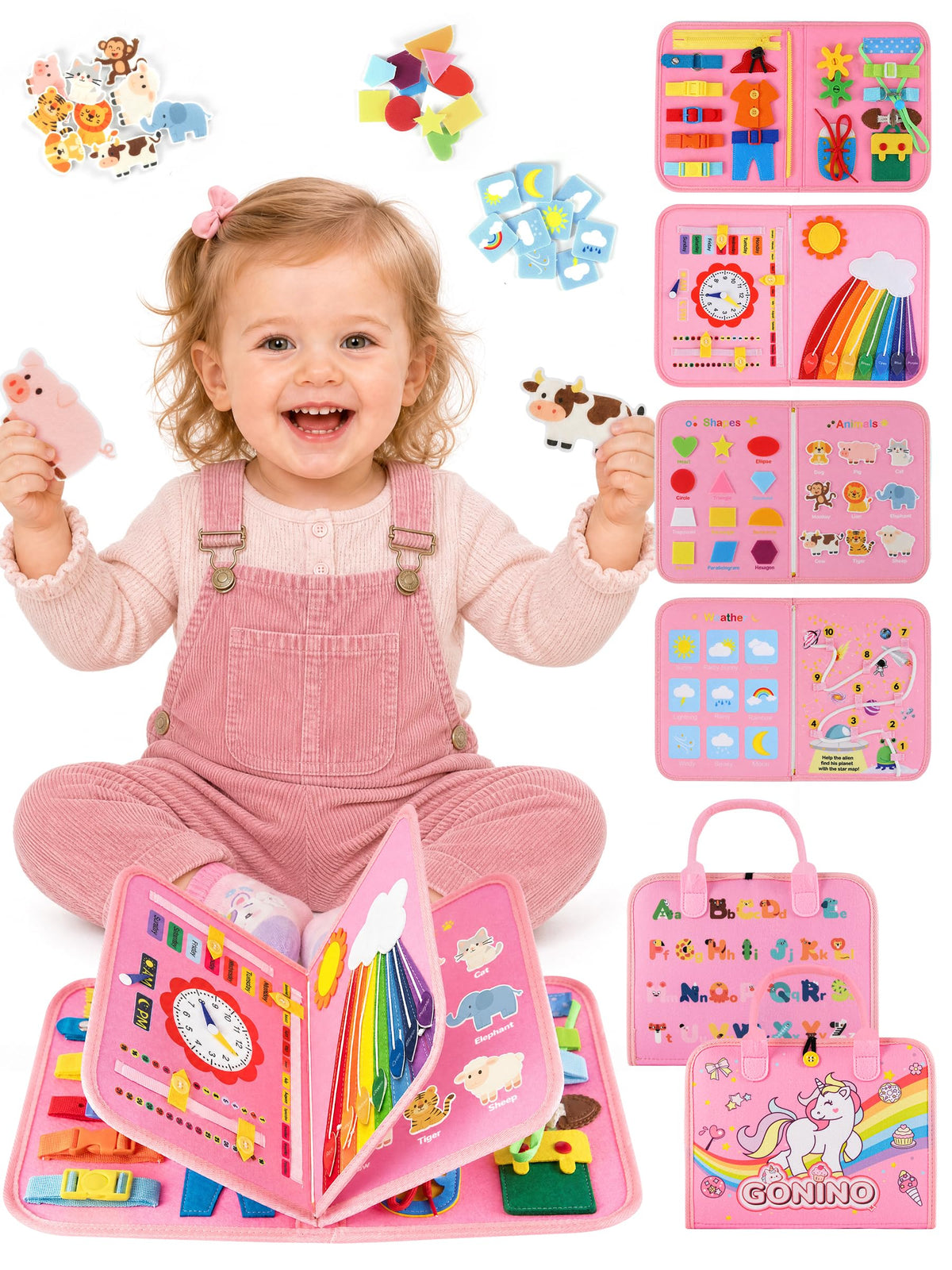 GONINO Toddlers Busy Book Montessori Toy, Unicorn Felt Busy Board for Girls