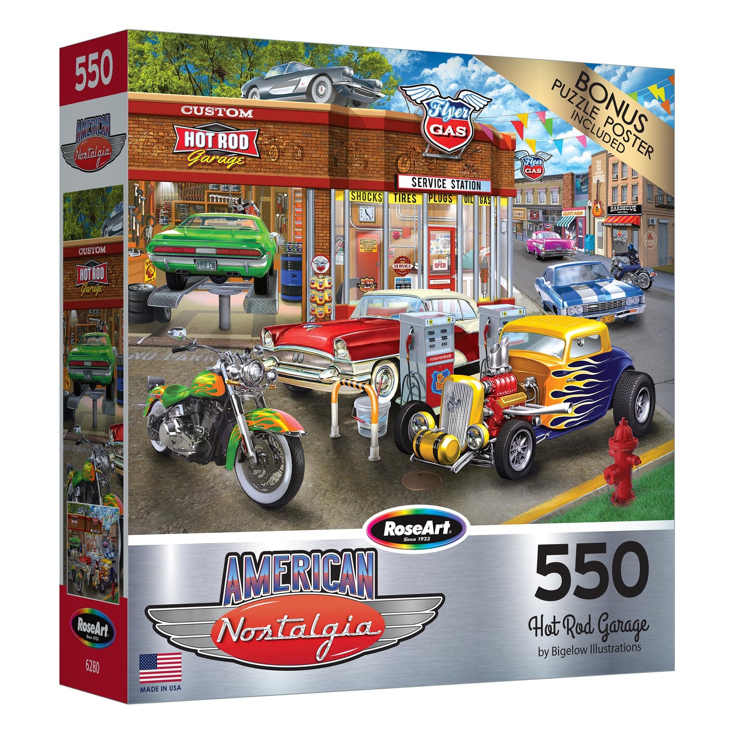 RoseArt Hot Rod Garage 550-Piece Jigsaw Puzzle for Adults - Multi-colored Cardboard Model 6280ZZB