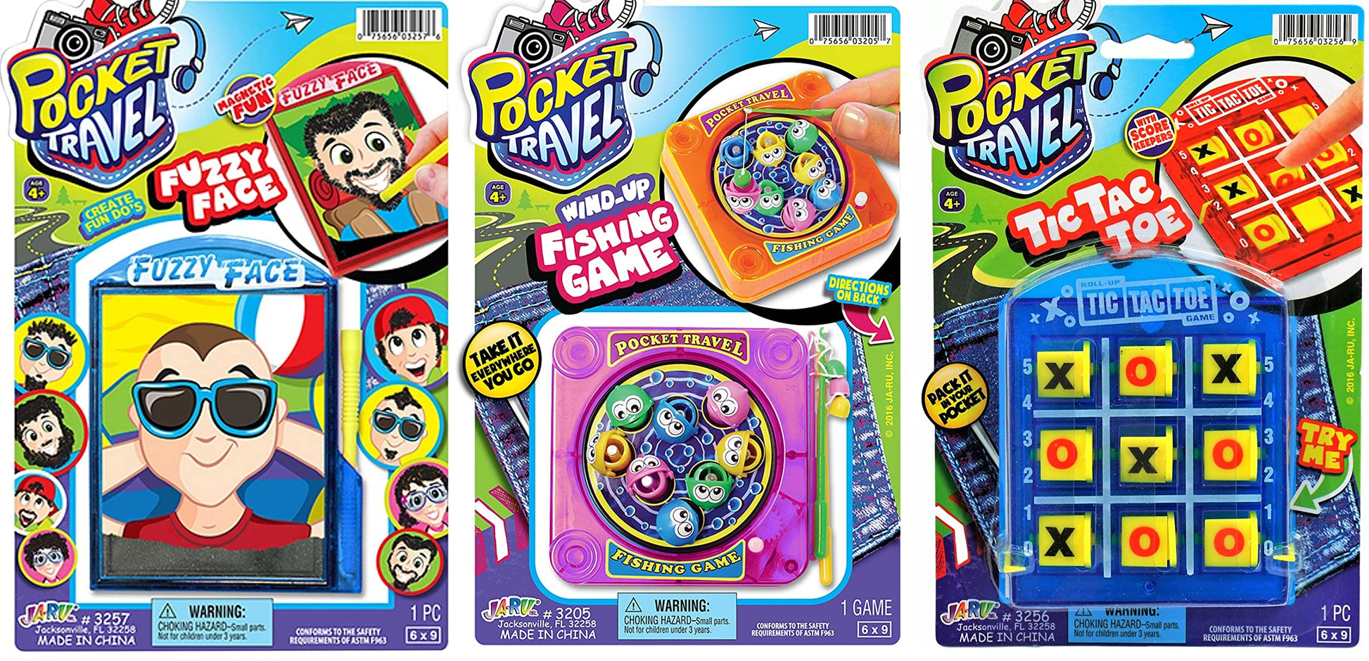 Ja-Ru Pocket Travel Toys Tic Tac Toe Game, Magnetic Fishing Game, & Magnetic Face Toy (3 Toys Bundle Set) Hand Held Mini Games F