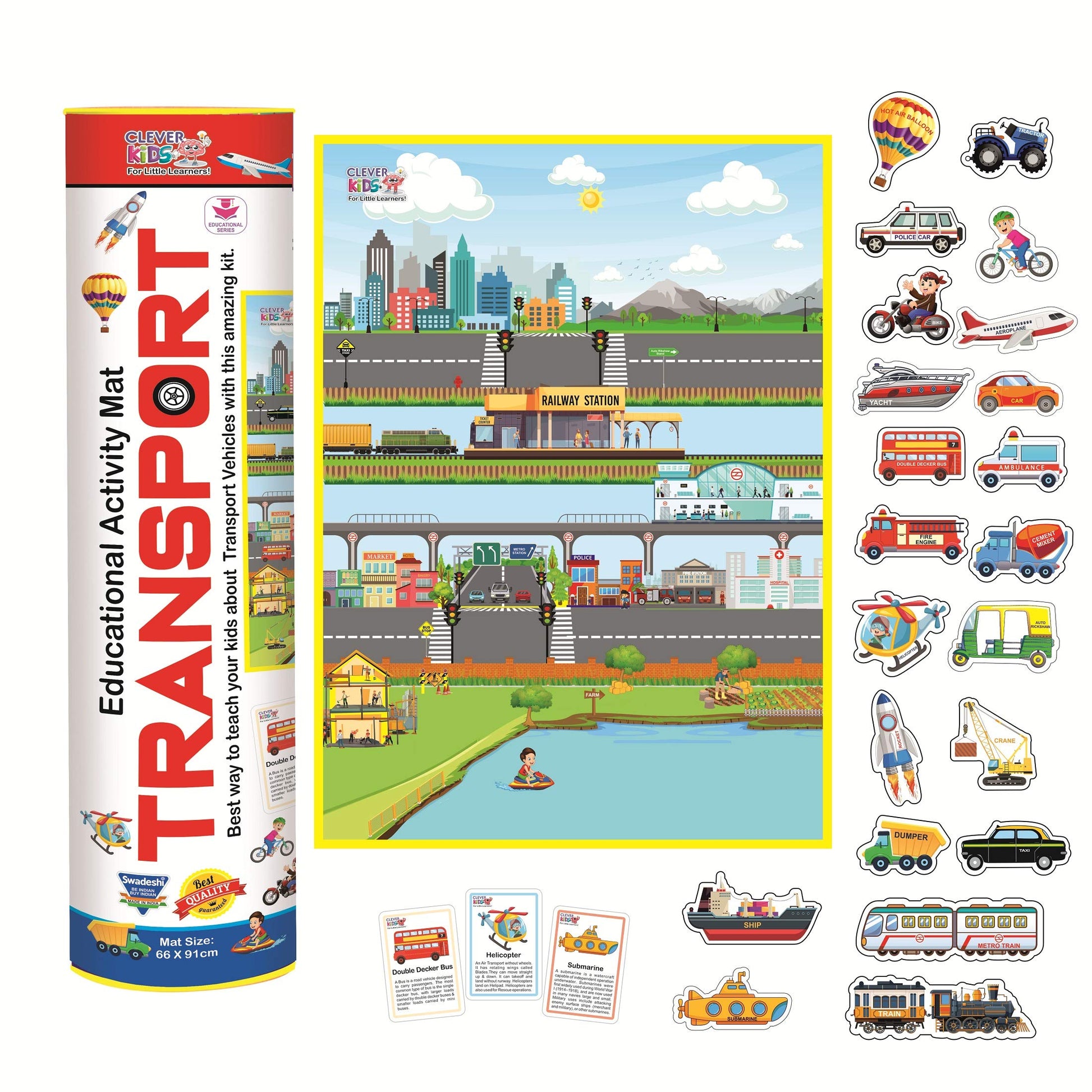 Clever Kids Educational Transport Activity Mat (91 Cms X 66 Cms Jumbo Mat) With 12 Both Sides Printed Flash Cards & 22 Transport