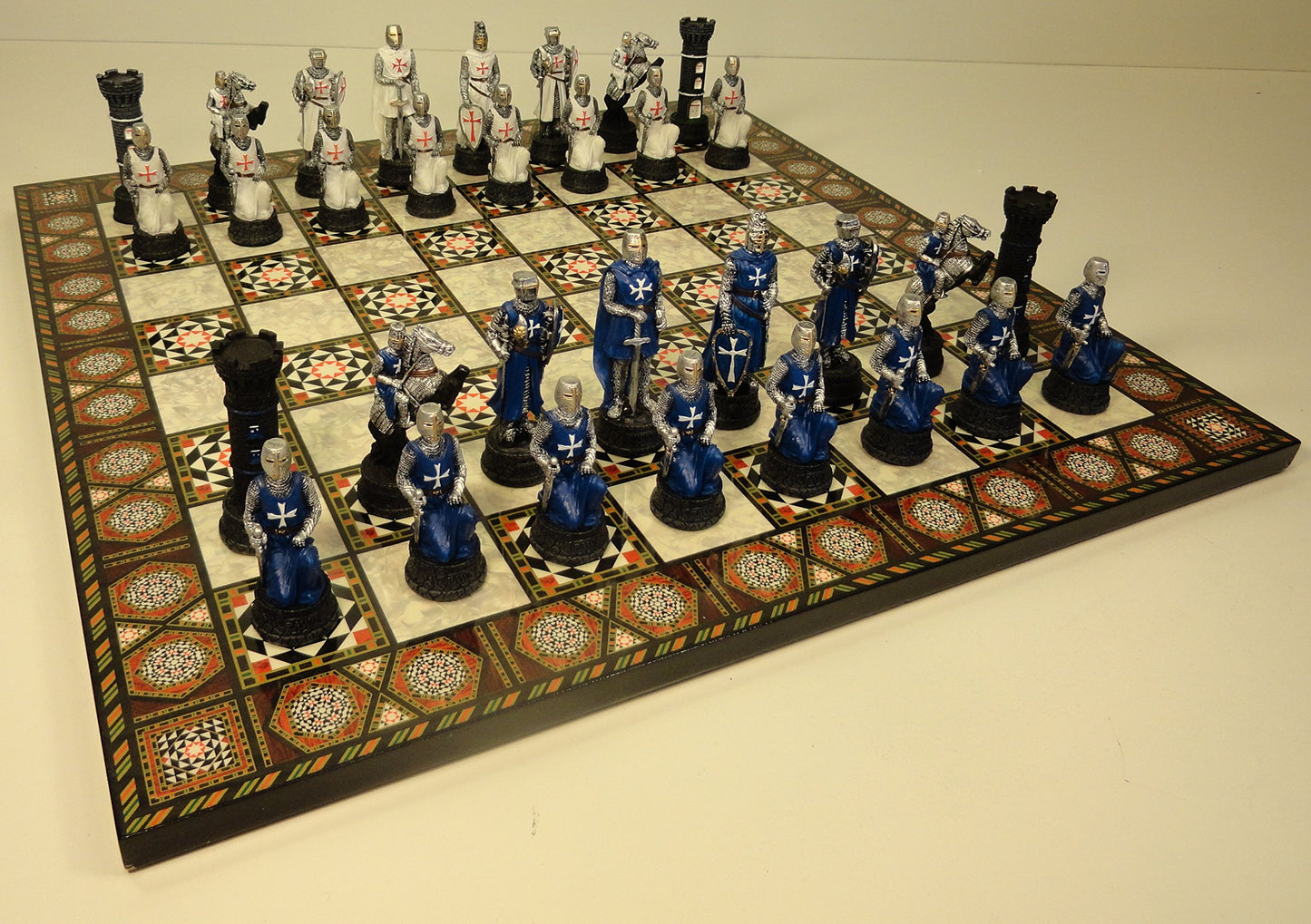 HPL Medieval Times Crusades Chess Set - Blue & White Maltese Cross, 16.5" Mosaic Board, Resin & MDF Wood, Anti-Stress Toy