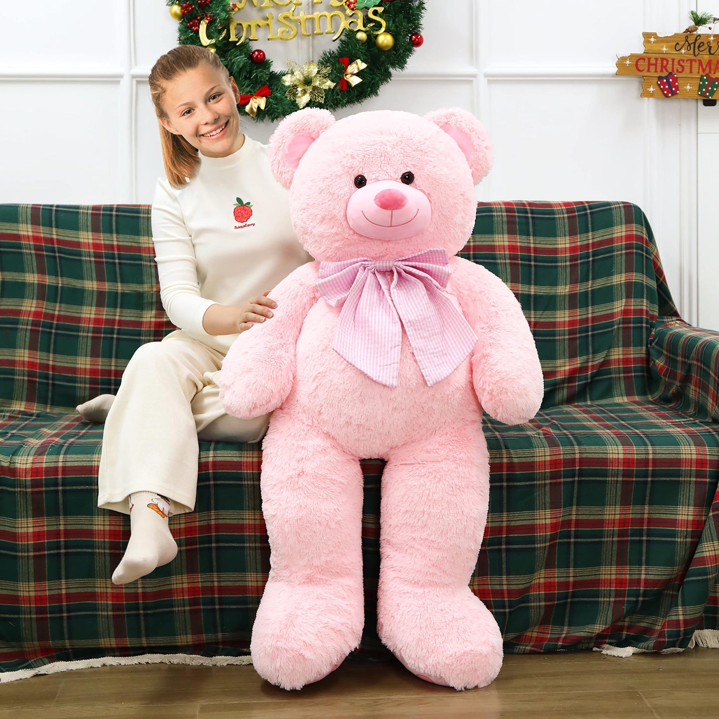 Morismos Giant Big Teddy Bear 4 Feet 47 Inch Life Size Pink Plush Bear With Big Bow And Embroidered Paws, Soft And Cute Teddy Be