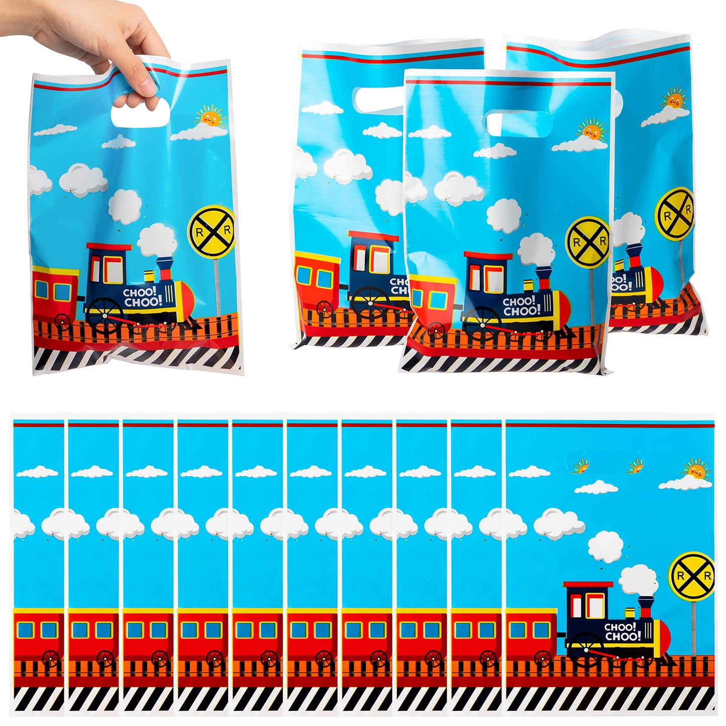 3Sscha 50Pcs Train Party Favor Bag Transportation Themed Waterproof Goodie Bag With Die Cut Handles Railway Traffic Glossy Plastic Candy Gift Bags For Kids Birthday Baby Shower Decoration Supplies