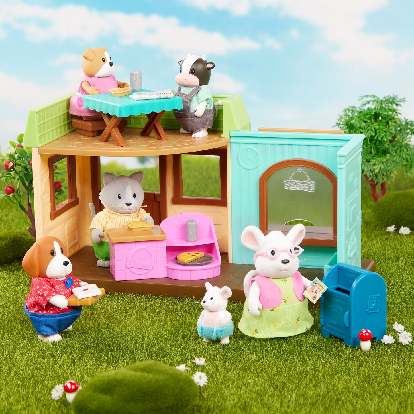 Li’L Woodzeez – Post' N Pizza Shop - 18 Pcs Dollhouse Playset Including Restaurant Furnitures, Post Office Accessories & Pretend Play Food - Gift Toy For Kids Age 3+