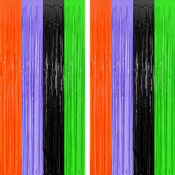 2 Pack Halloween Backdrop, 3.28 FT x 7.05 FT Orange Purple Black Green Party Streamer, Metallic Foil Curtains Tinsel Backdrop, H