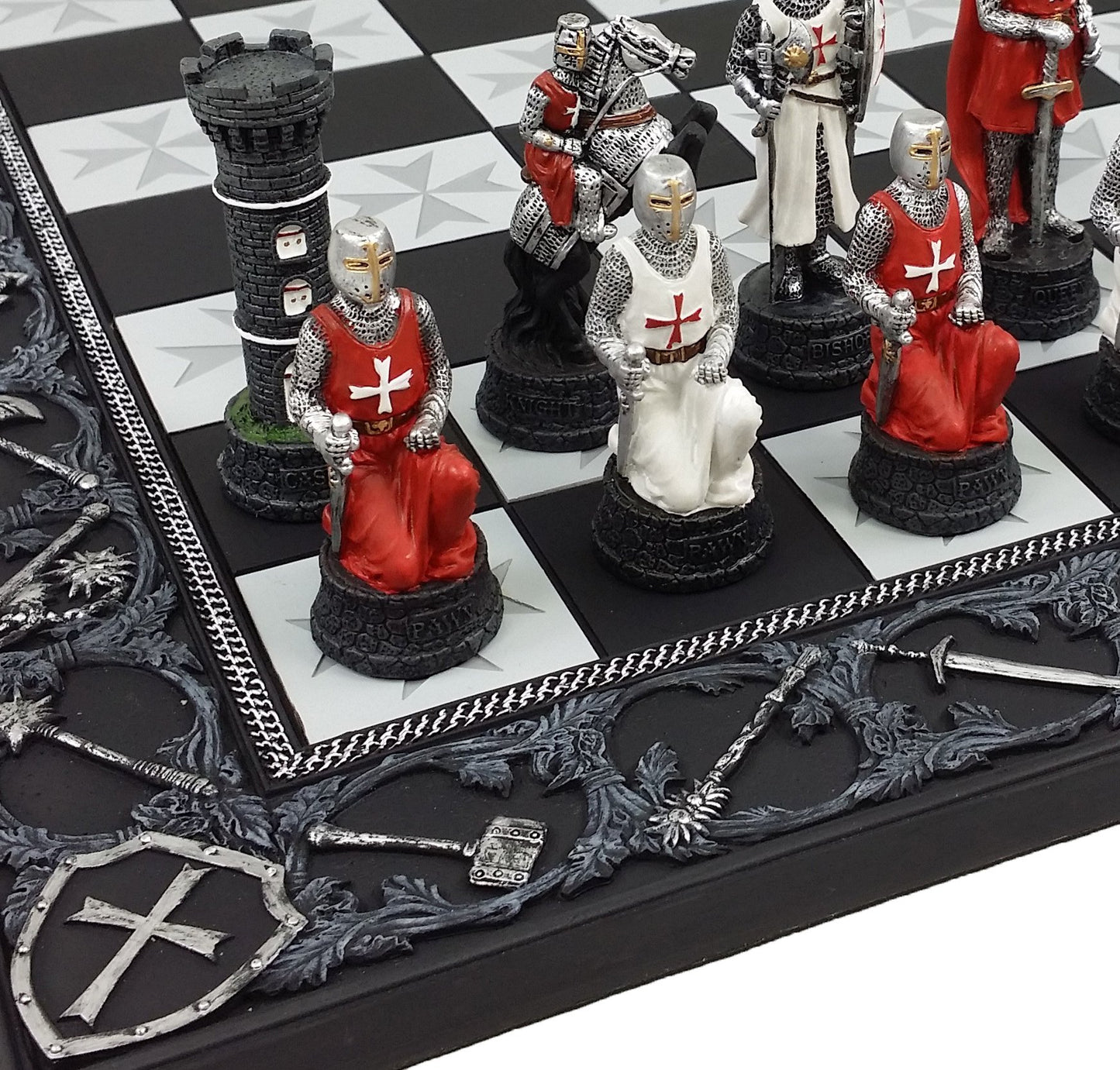 HPL Medieval Times Red & White Armored Maltese Knights Chess Set, 17" Board, Polyresin