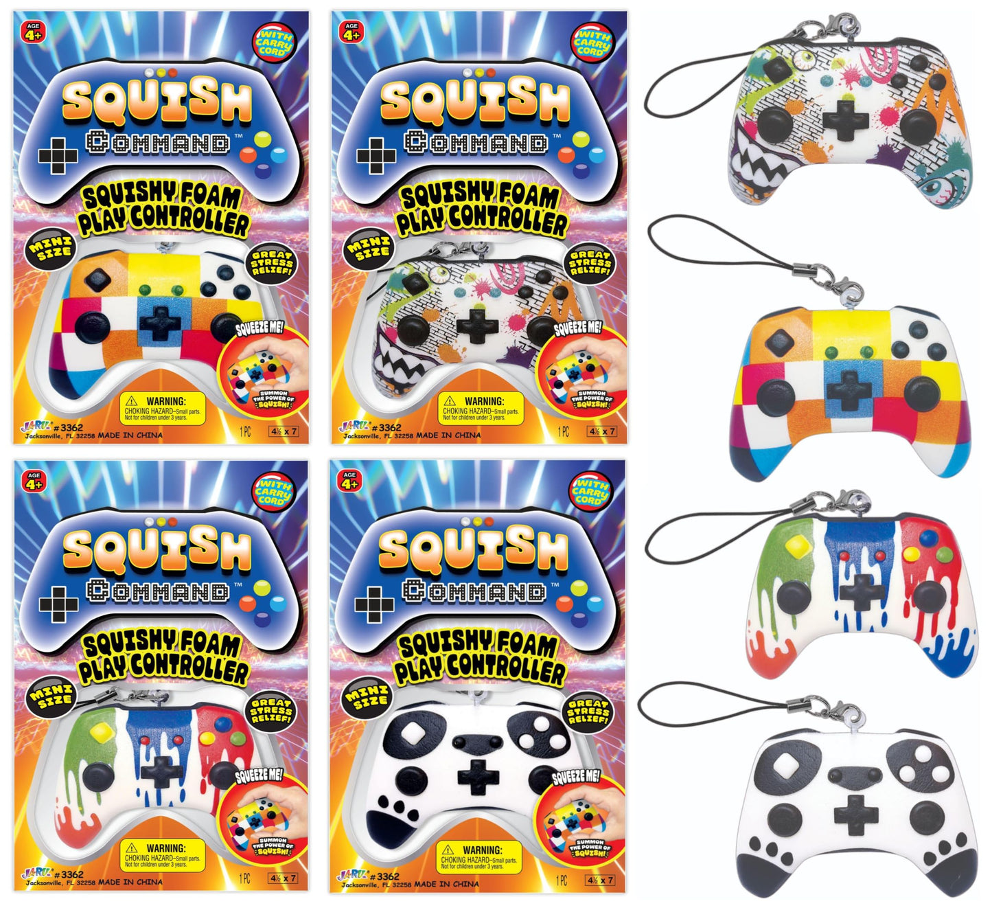 JA-RU Squishy Foam Play Controller Toy (4 Controllers Assorted) Mini Squish Console Command Stress Relief Toys with Carry Cord. Smushy Party Favor Collectible Fidget for Kids  Teen  & mature-themed. 3362-4