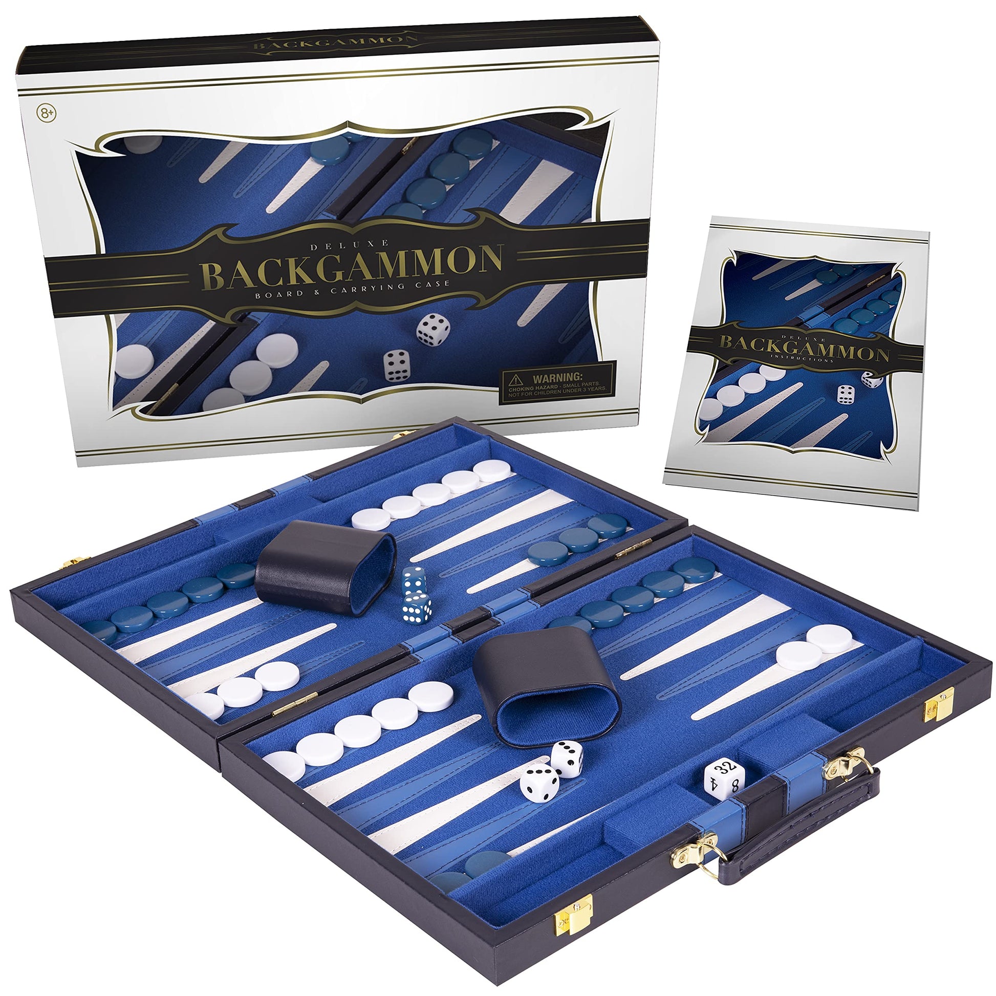 Backgn Set 15 inch  Medium - Classic Board Game for mature-themeds and Kids with enhanced Leather Case - Includes Strategy & Tip Guide (Blue)
