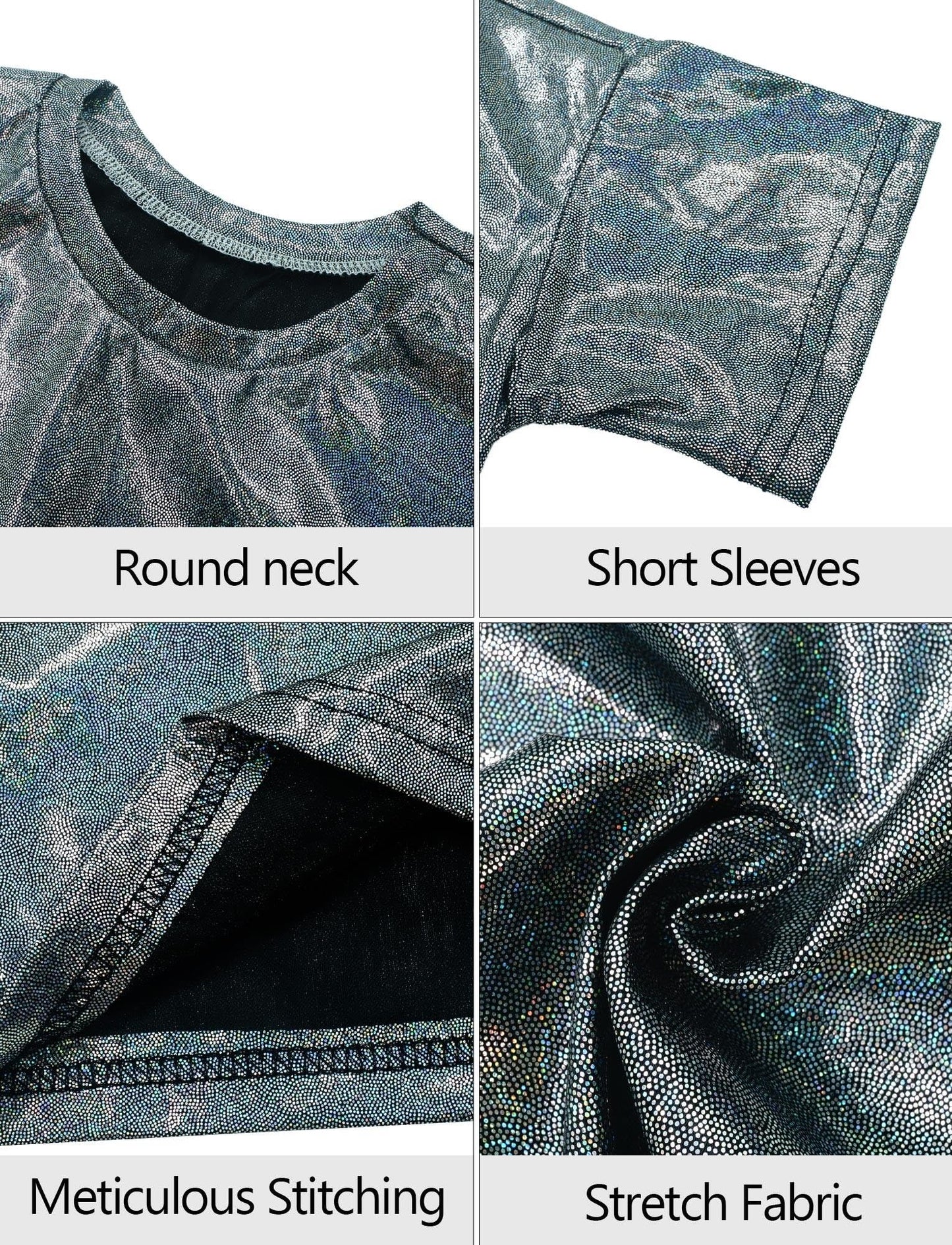 Happy Cherry 2Pcs Kids Girls Shiny Metallic Short Sleeve Crop Top With Pleated Skirt Set Dancewear Performance Costumes Black 10