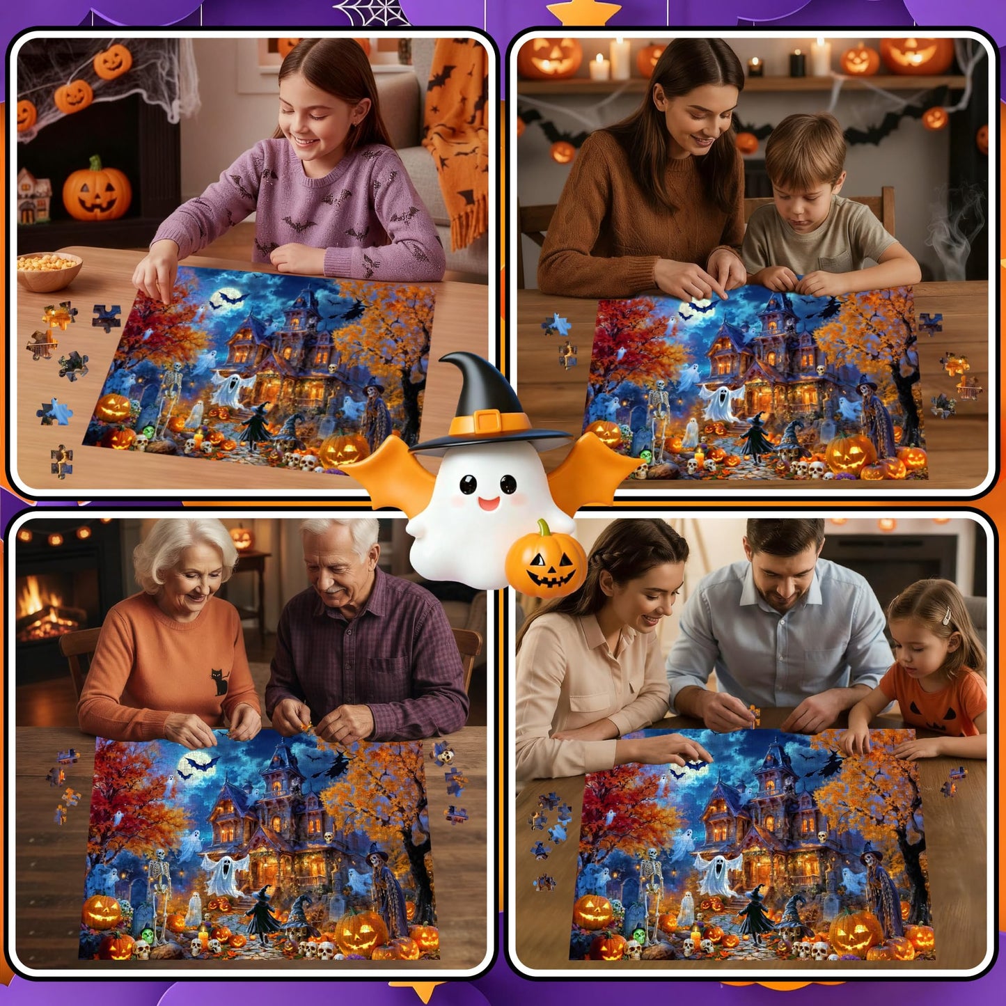 Halloween Night Jigsaw Puzzle for mature-themeds 1000 Pieces-Haunted House Pumpkin Witch Skeleton Ghosts & Batstheme Puzzles Spooky Night Sky Puzzle-for Holiday Party Gifts or Decorations