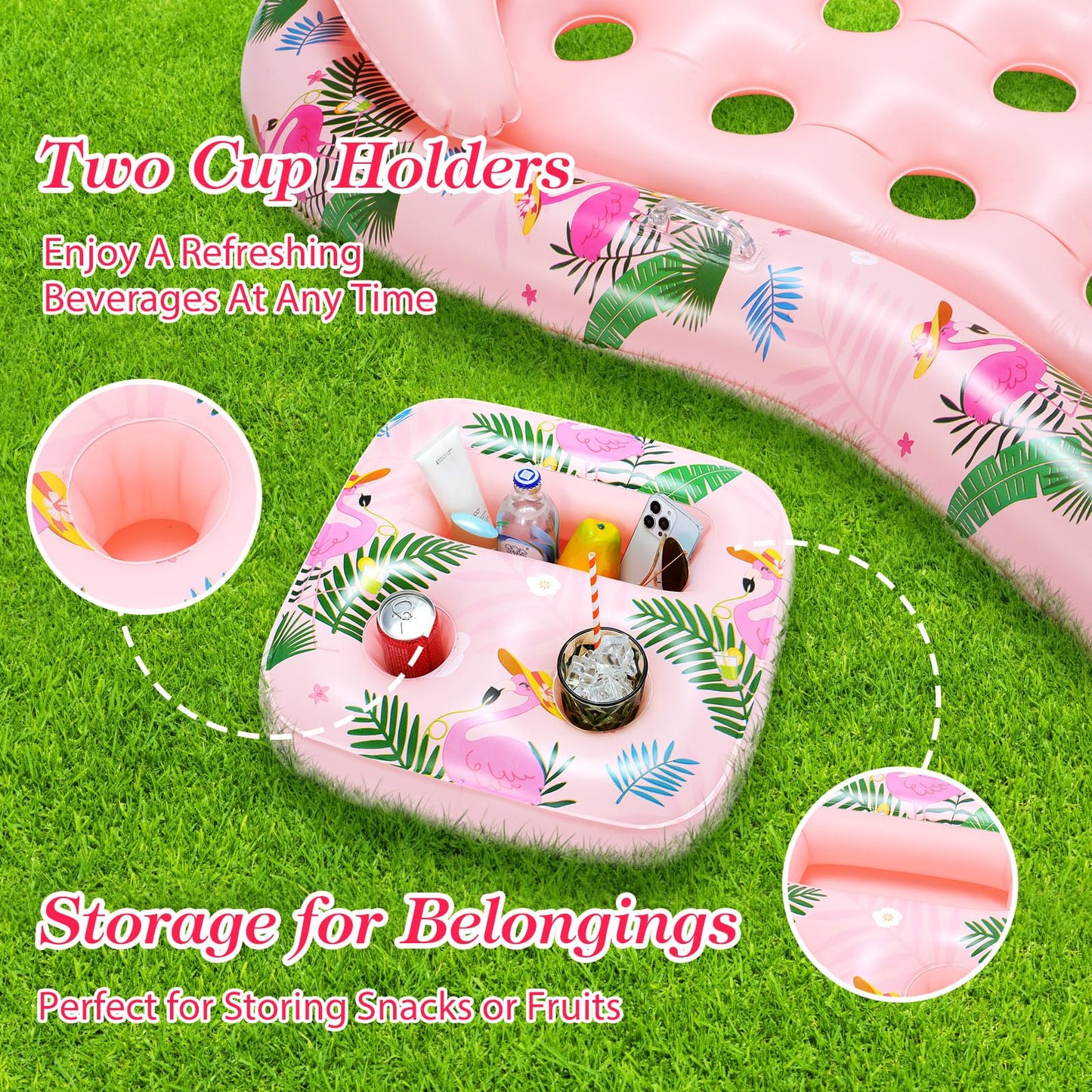MoKo Inflatable Pool Floats mature-themed-Water Lounge with Detachable Headrest & Cup Holders Pool Lounger Float Raft Swimming Pool Floaties Toys for Party Lake Summer Beach Outdoor  Pink Flamingo