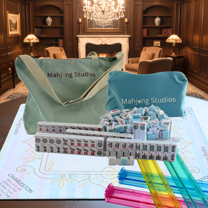 American Mahjong Set 166 Tiles Bundle - Green Bag Pastel Mat 2-color blue tiles