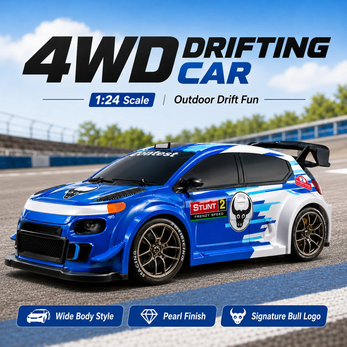 ZNLYRION RC Drift Car SG718 1: 24 Scale 4WD With Replaceable Racing Drift Tires LED Headlights Taillight Sport Rear Wing Remote Control Racing Vehicle Toy