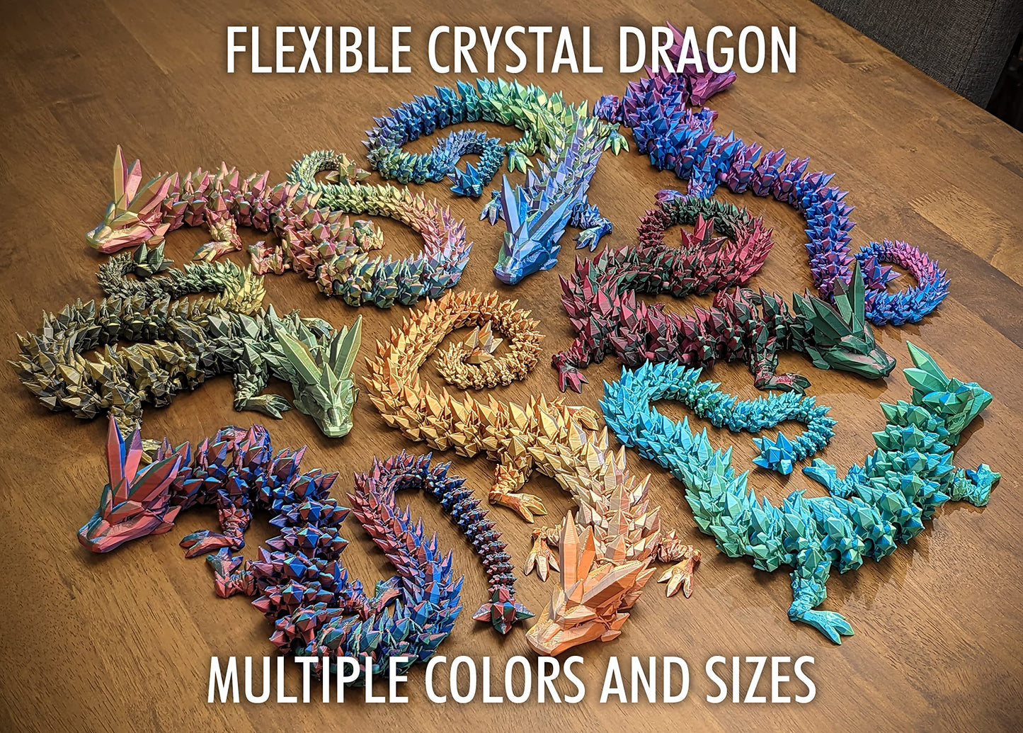 Subpoly Medium 12 Articulated Crystal Dragon - Multi Color 3D Printed Plastic Dragon Figure - Rainbow Pearlescent Colors - Interlocked Body Segments and Legs (Medium 12  Cyan Blue Green)